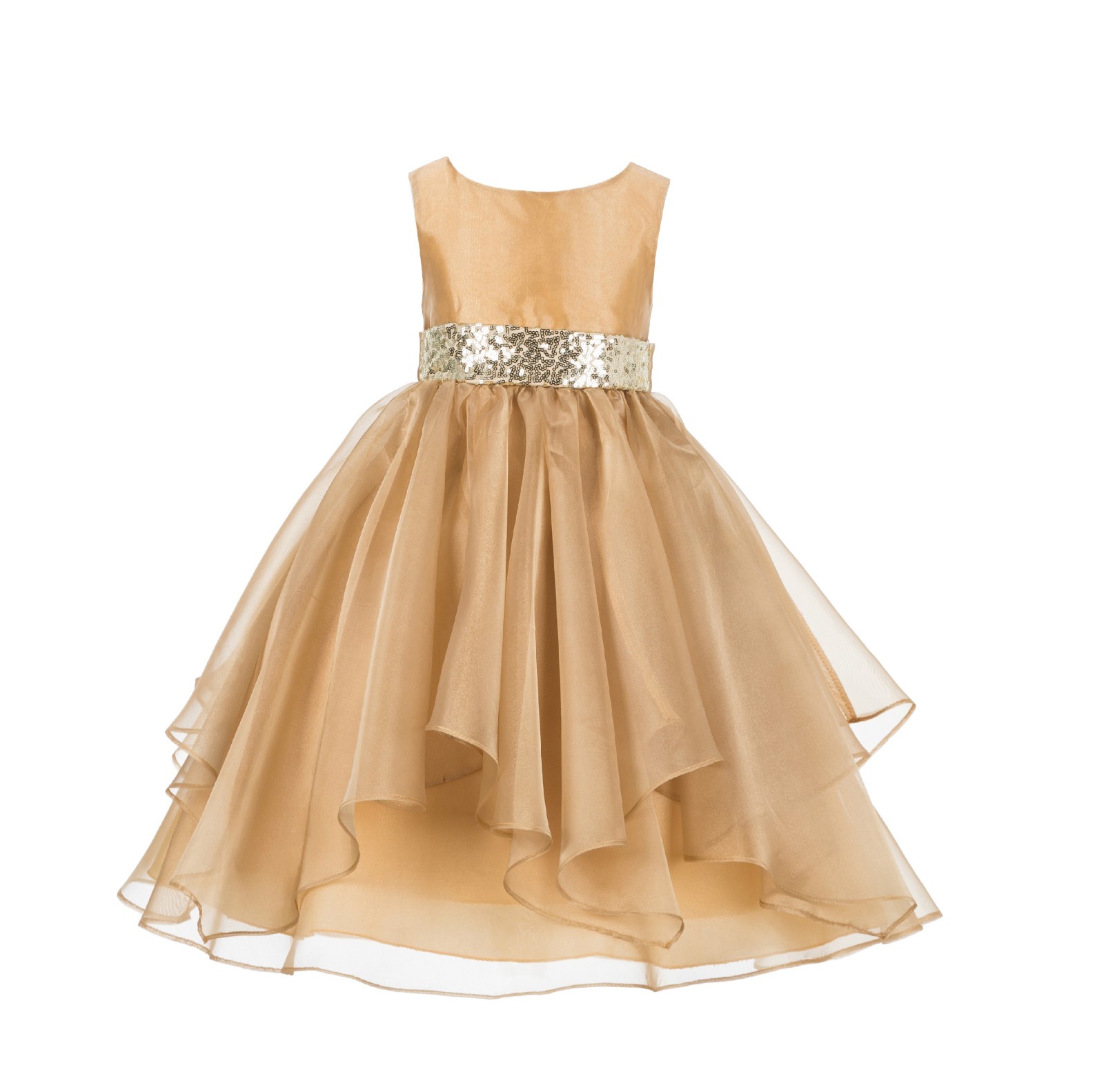 Gold Asymmetric Ruffled Organza Sequin Flower Girl Dress 012S