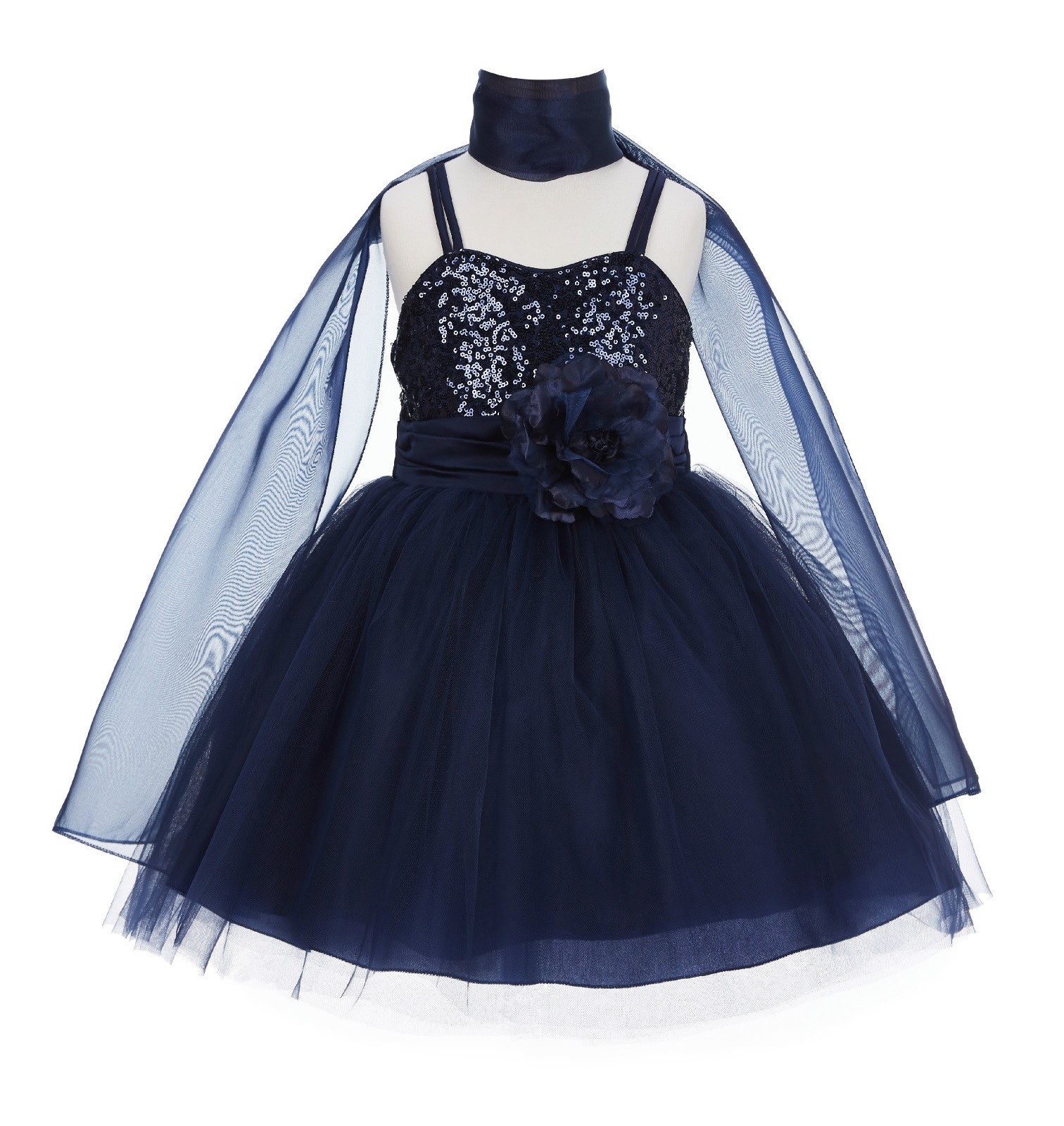Marine Shawl Sequin Tulle Flower Girl Dress Special Occasions SH1508