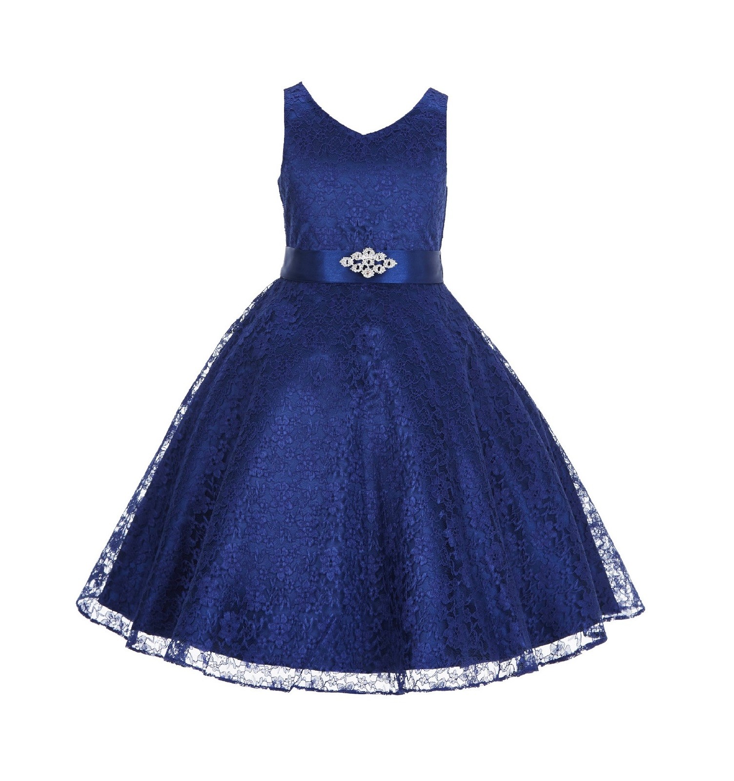 Navy Blue Floral Lace Overlay V-Neck Rhinestone Flower Girl Dress 166S