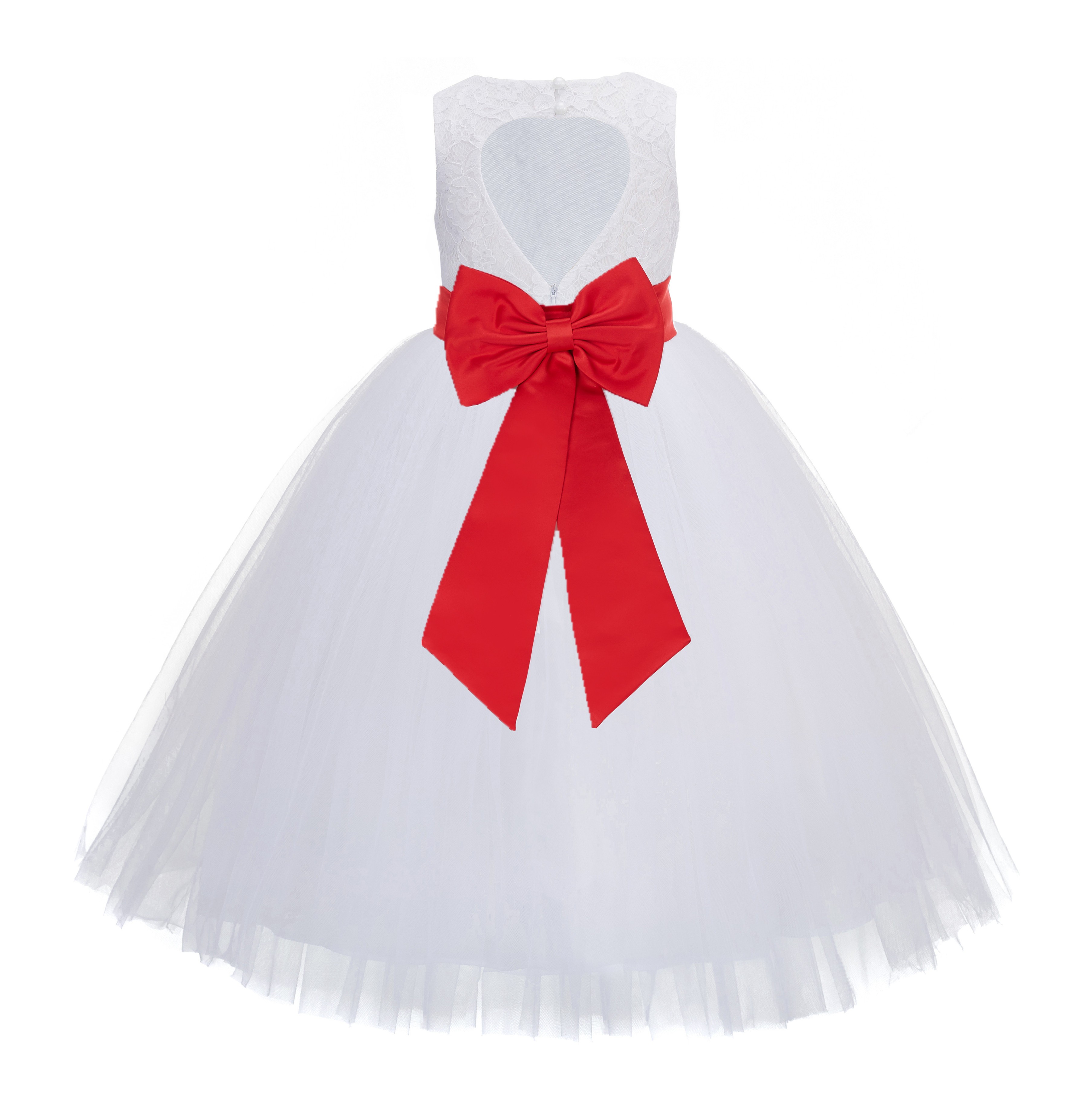 White / Red Floral Lace Heart Cutout Flower Girl Dress with Flower 172T
