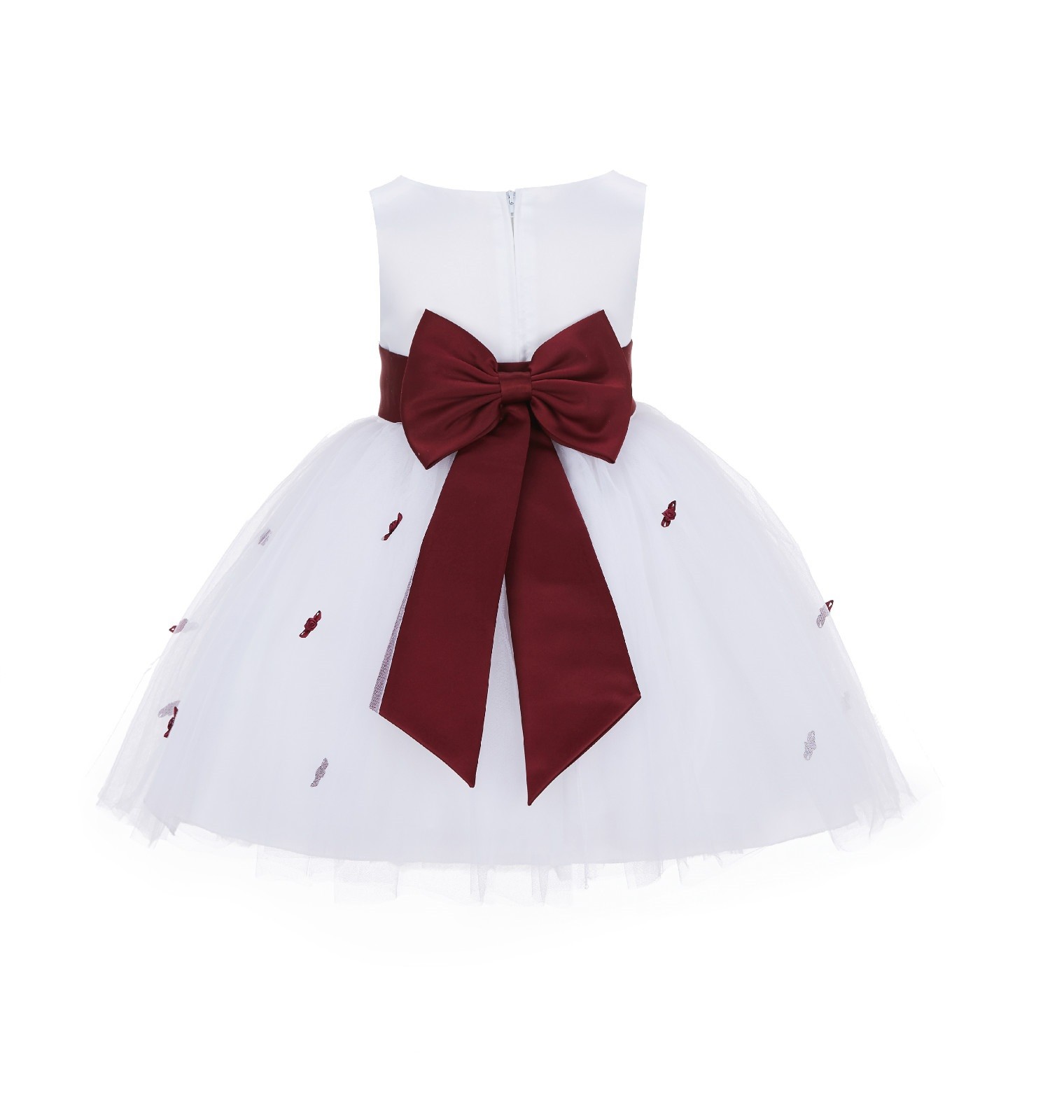 White/Burgundy Rosebuds Satin Tulle Flower Girl Dress Events 815T