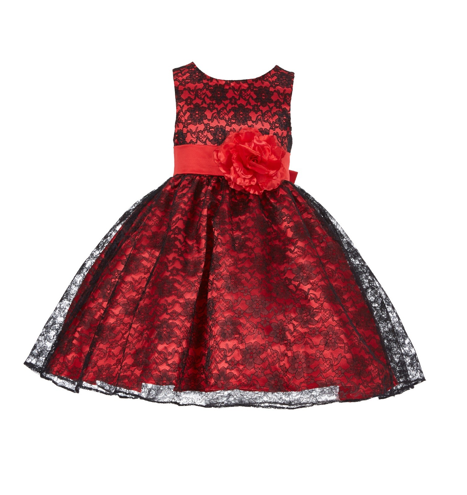 Red/Black/Red Floral Lace Overlay Flower Girl Dress Formal Beauty 163S