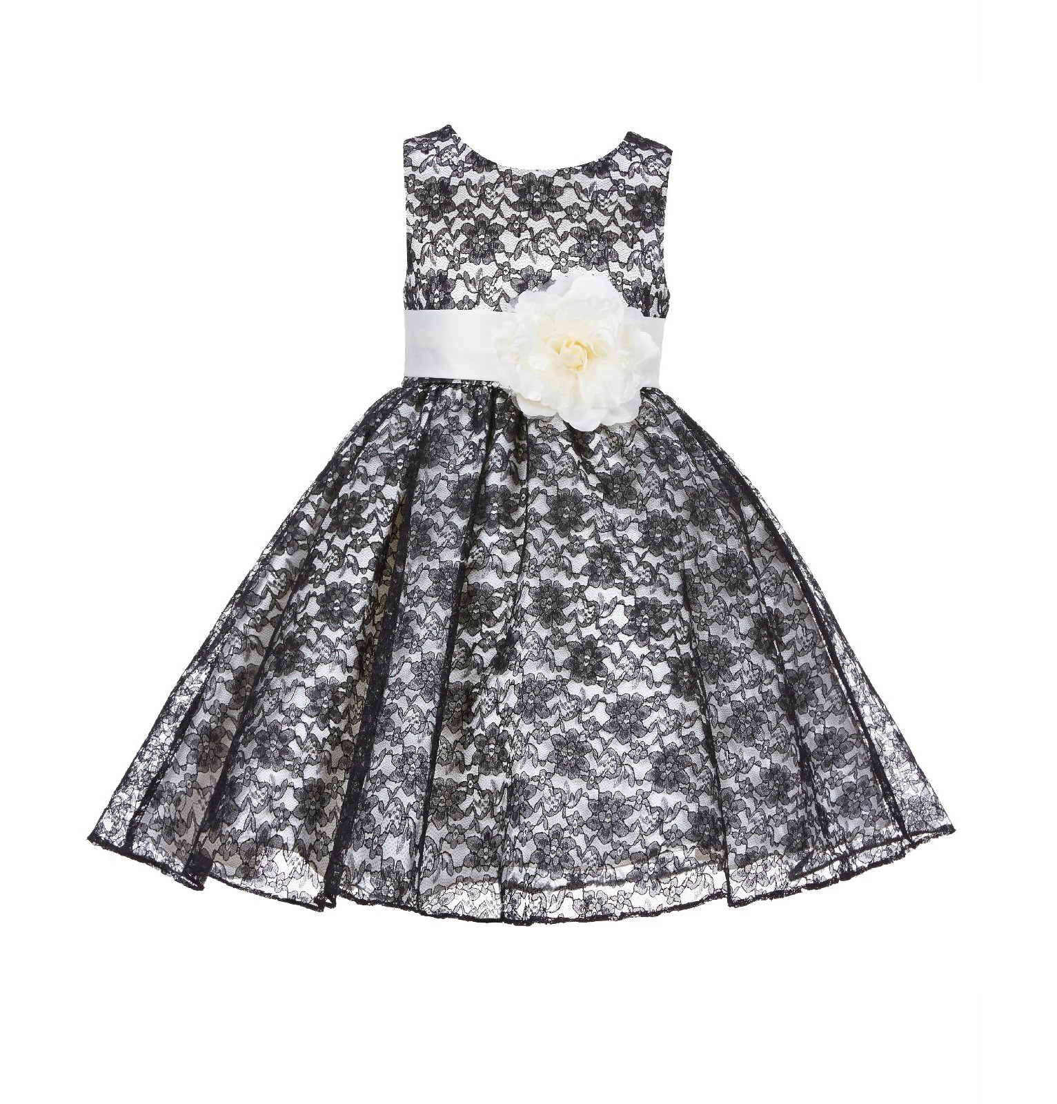 Ivory/Black/Ivory Floral Lace Overlay Flower Girl Dress Formal Beauty 163S