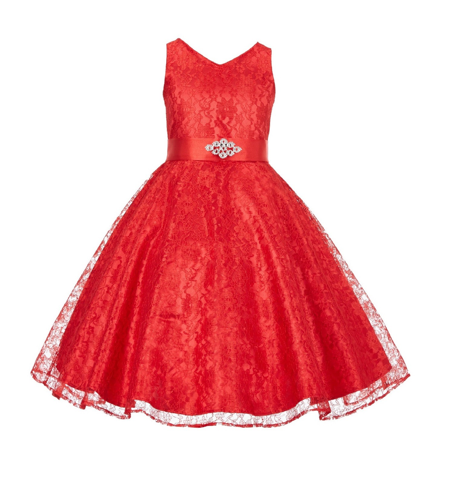 Red Floral Lace Overlay V-Neck Rhinestone Flower Girl Dress 166S