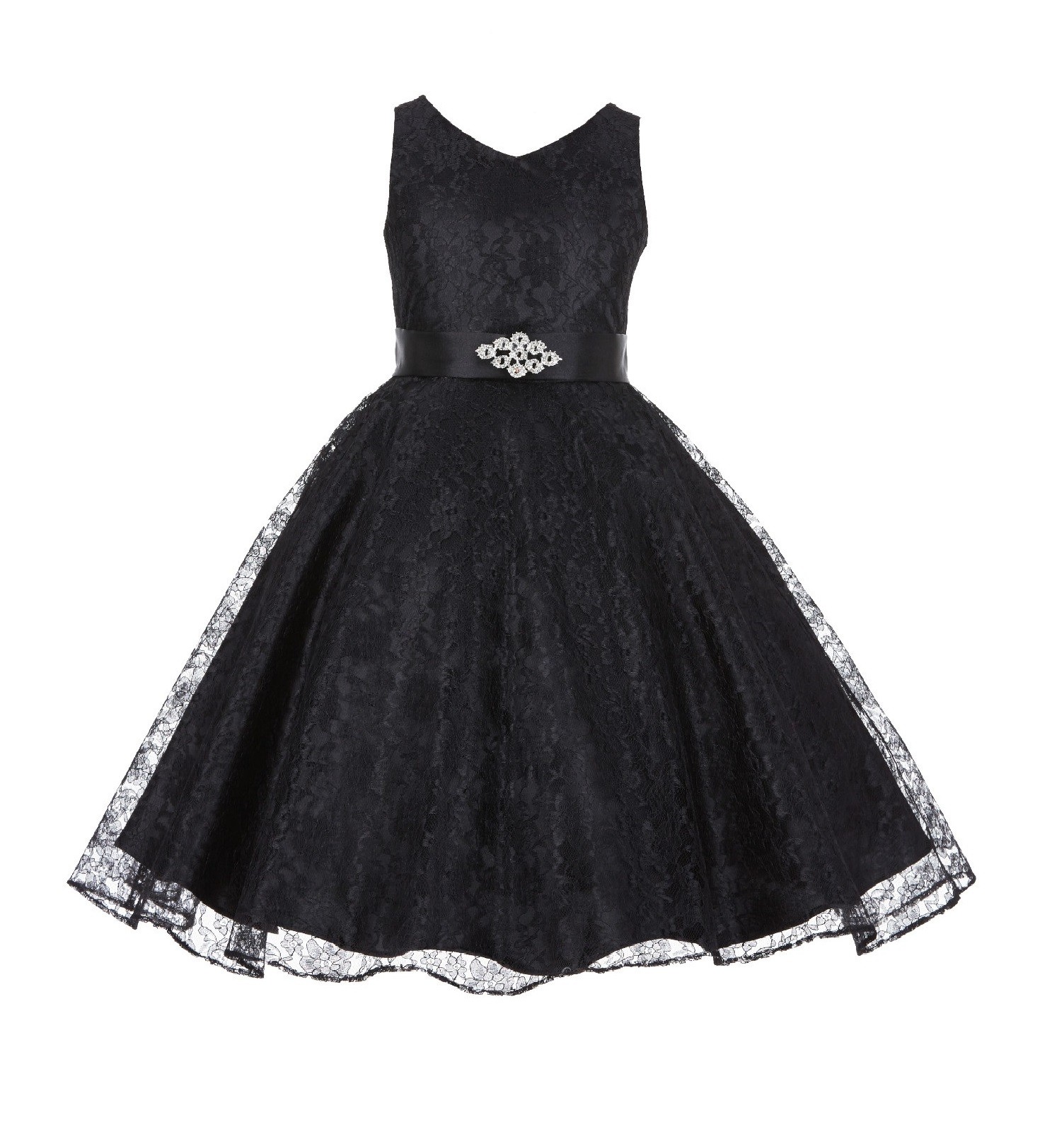 Black Floral Lace Overlay V-Neck Rhinestone Flower Girl Dress 166S