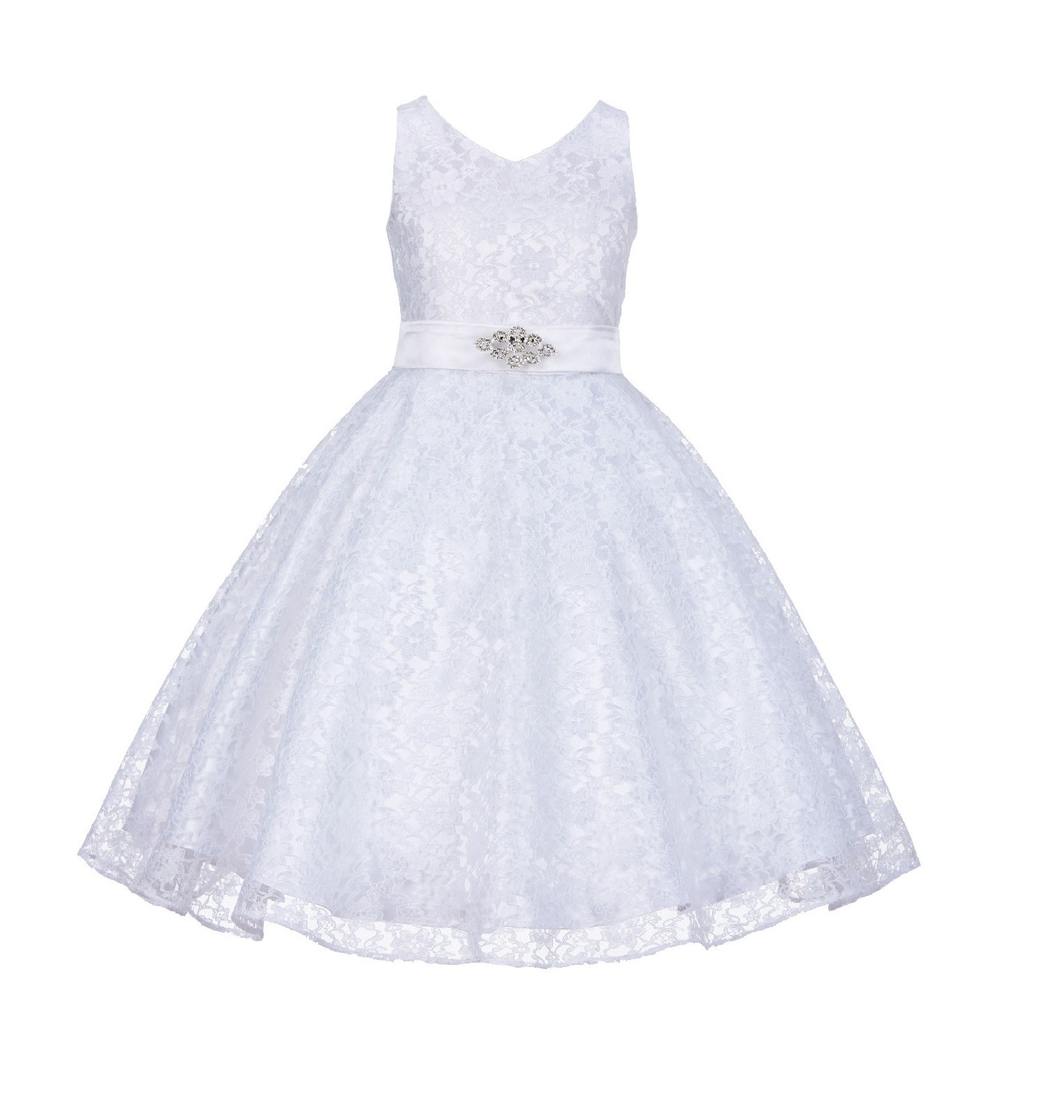 White Floral Lace Overlay V-Neck Rhinestone Flower Girl Dress 166S