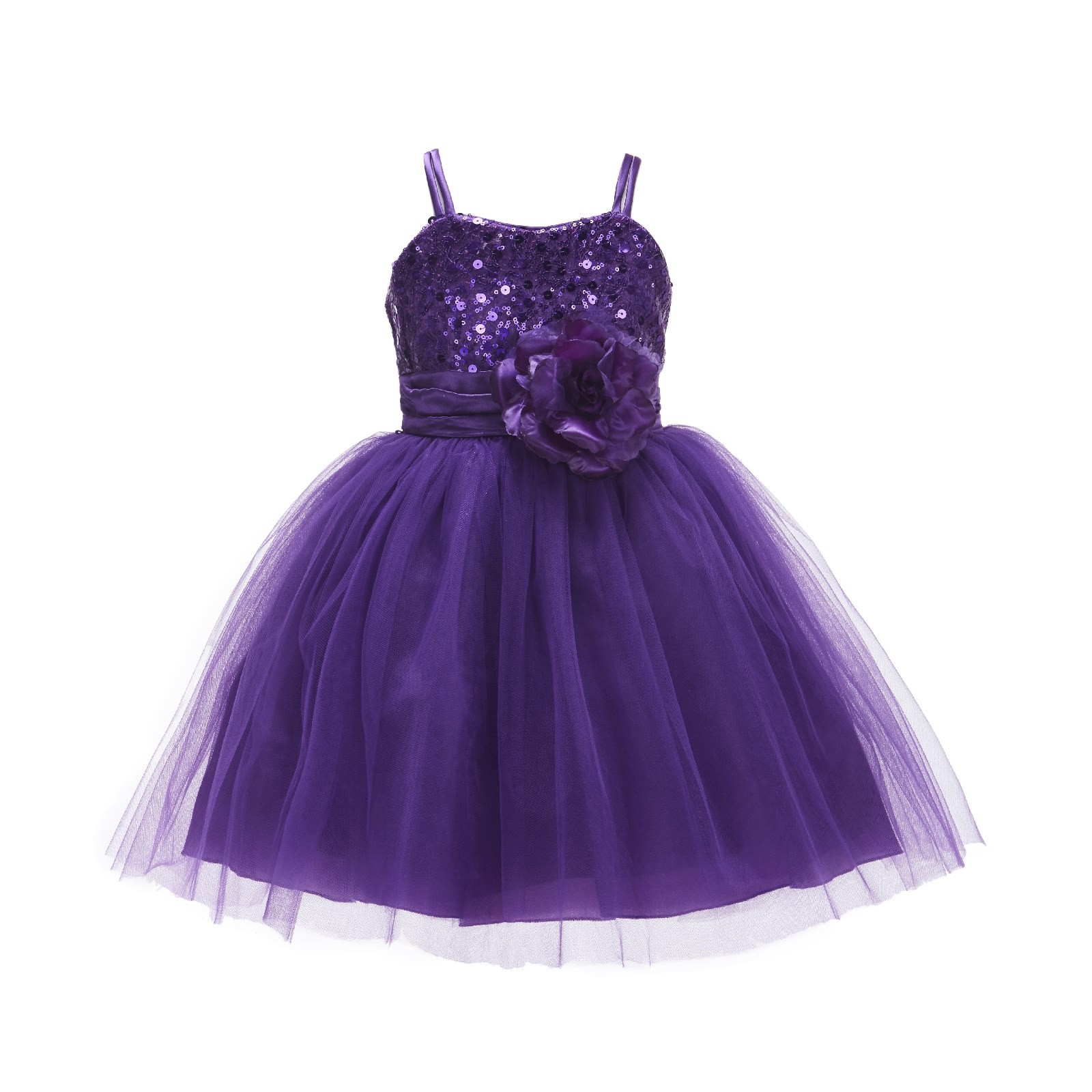 Purple Spaghetti-Straps Sequin Tulle Flower Girl Dress Elegant B-1508