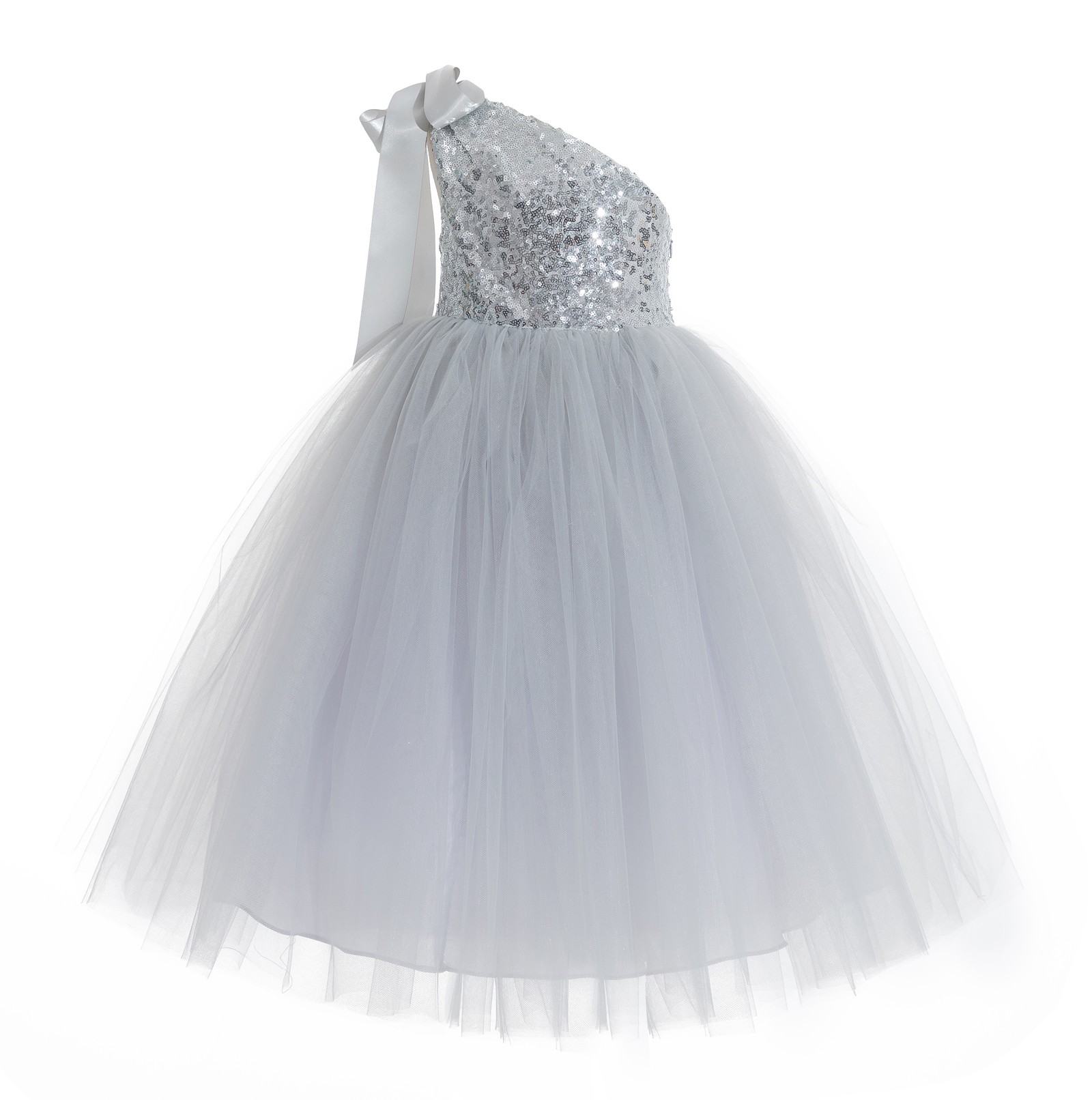Silver One-Shoulder Sequins Tutu Flower Girl Dress 182
