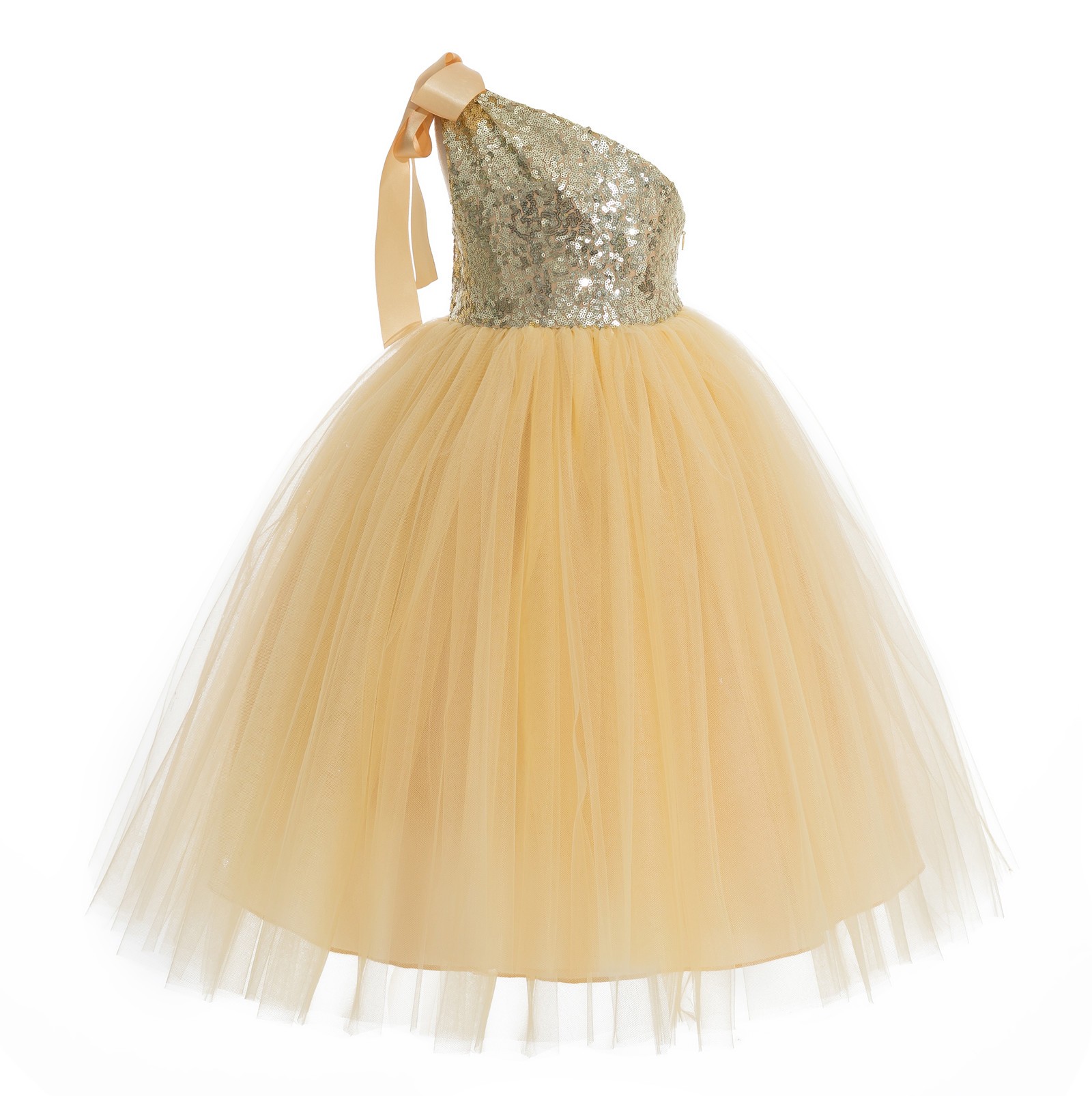 Gold One-Shoulder Sequins Tutu Flower Girl Dress 182