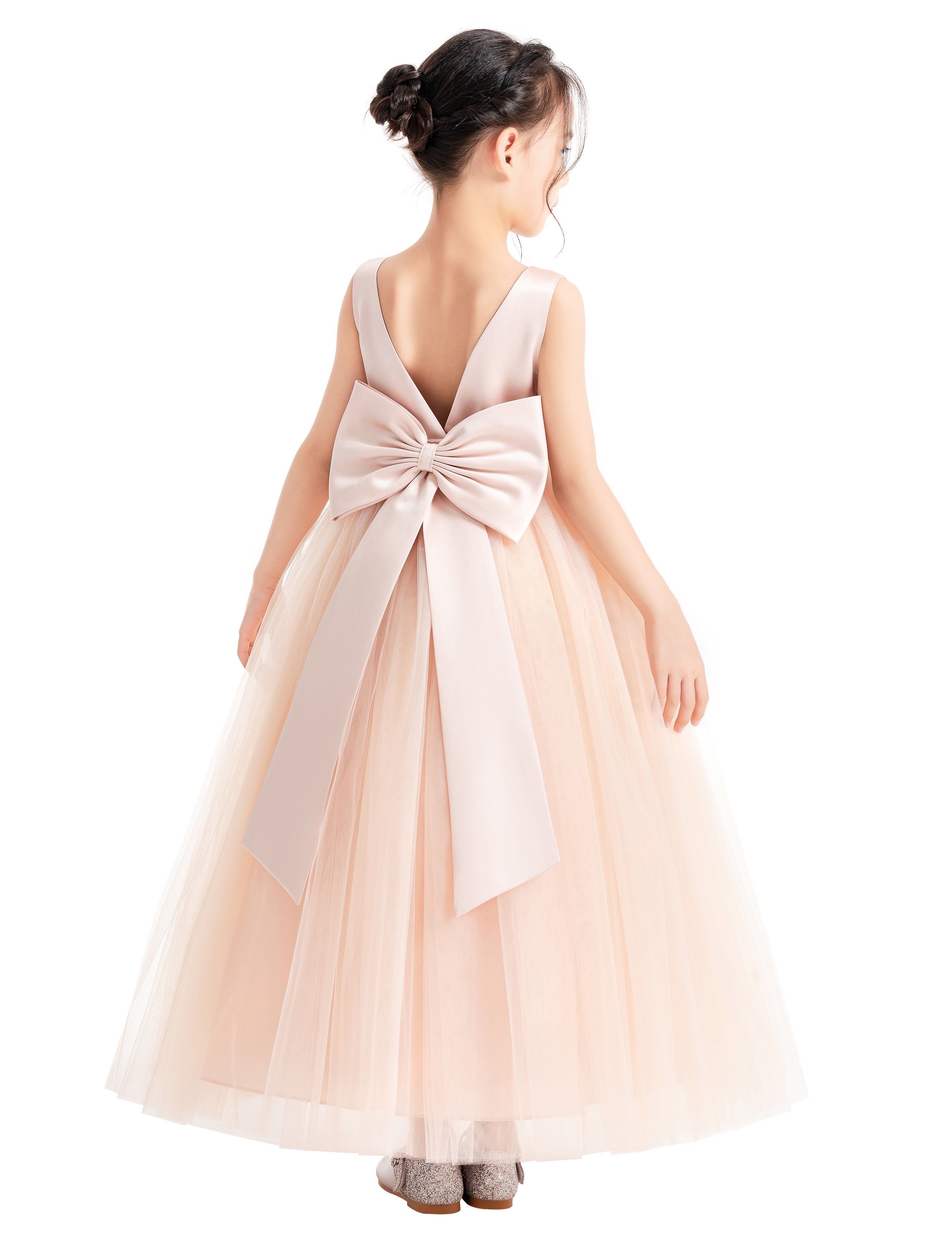 Blush Pink V-Neck Satin Flower Girl Dress 522