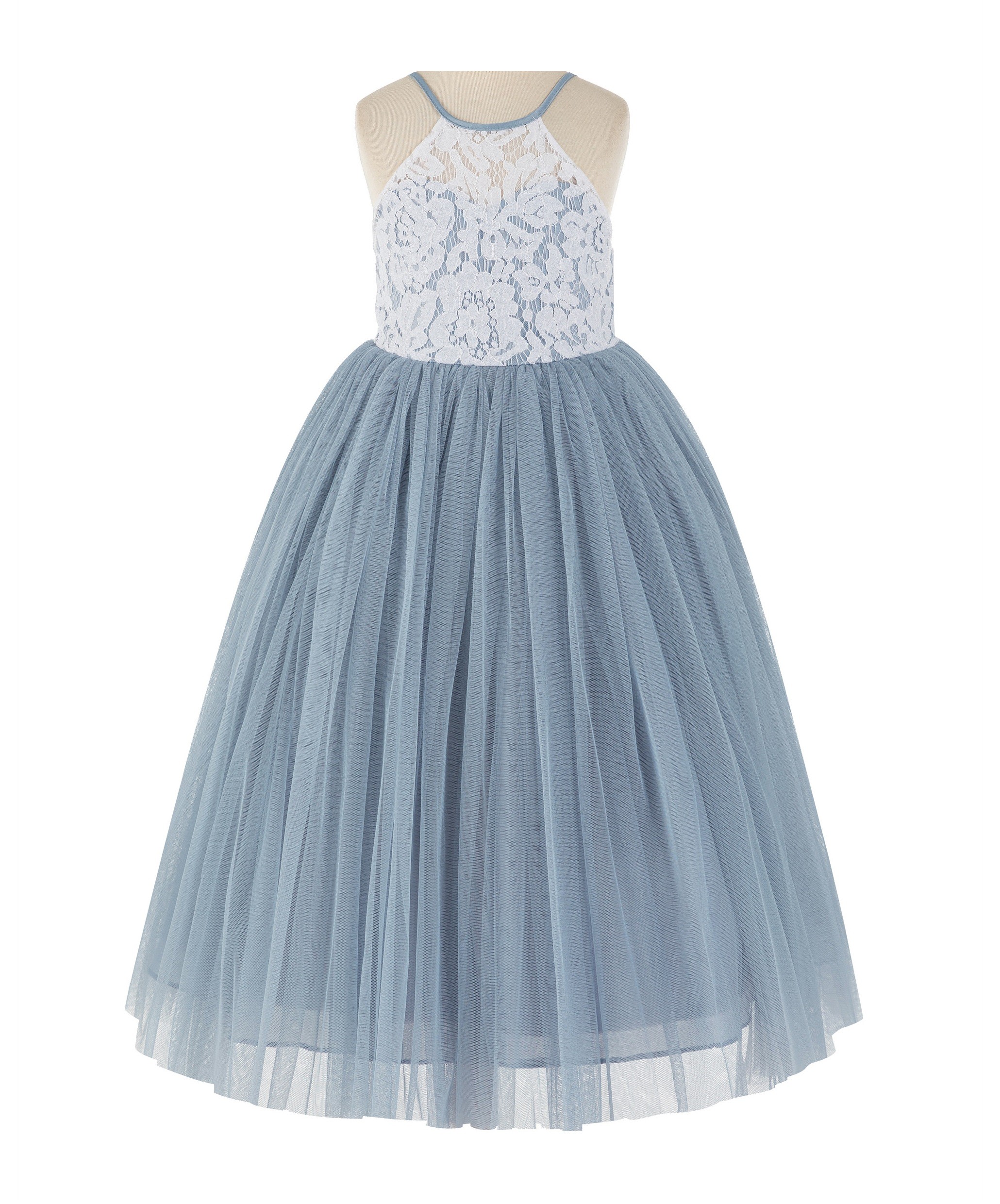 Dusty Blue Lace Halter Flower Girl Dress Lace Back Dress 213