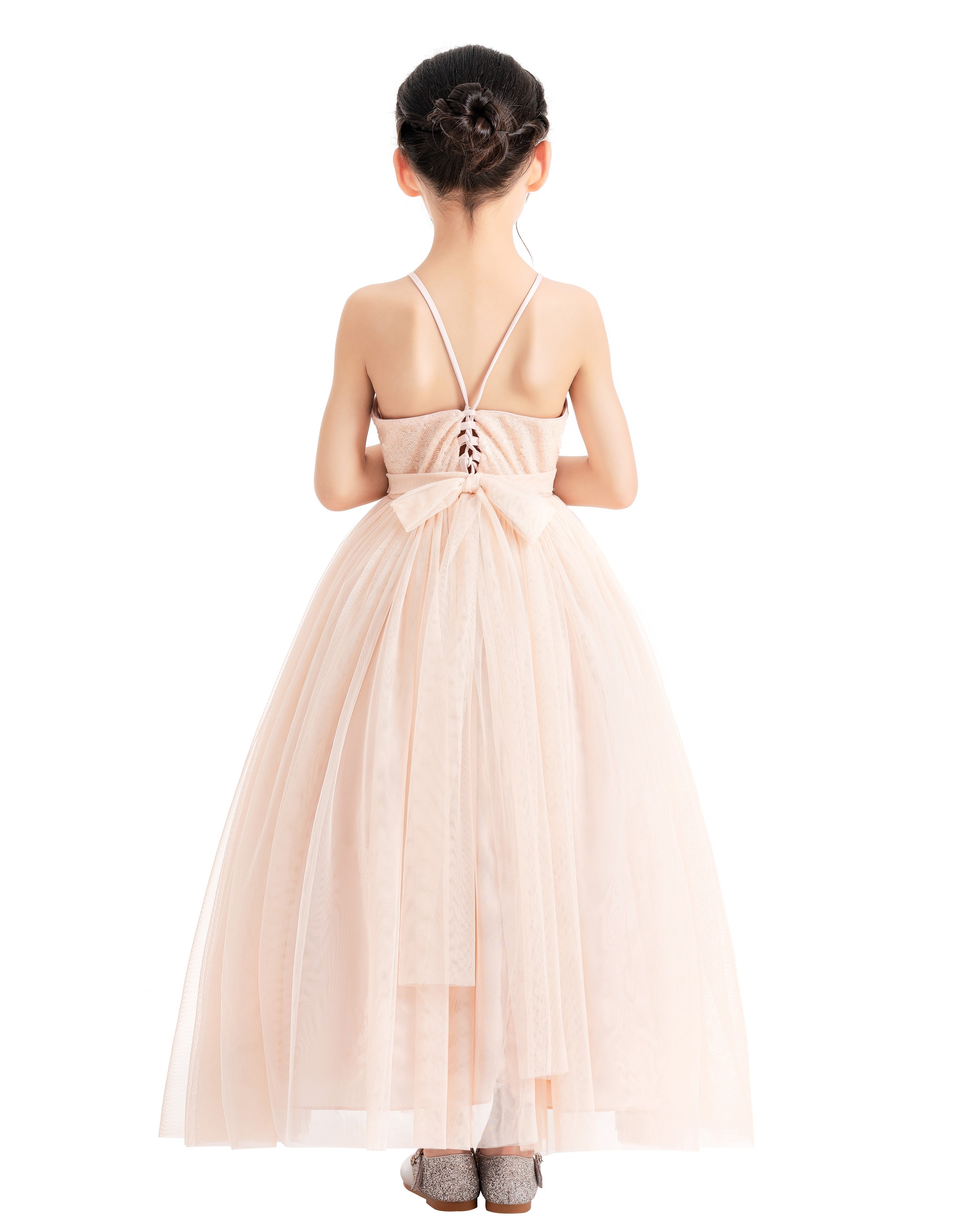 Blush Pink Spaghetti Straps Dress Sequin Lace Up Dress 122