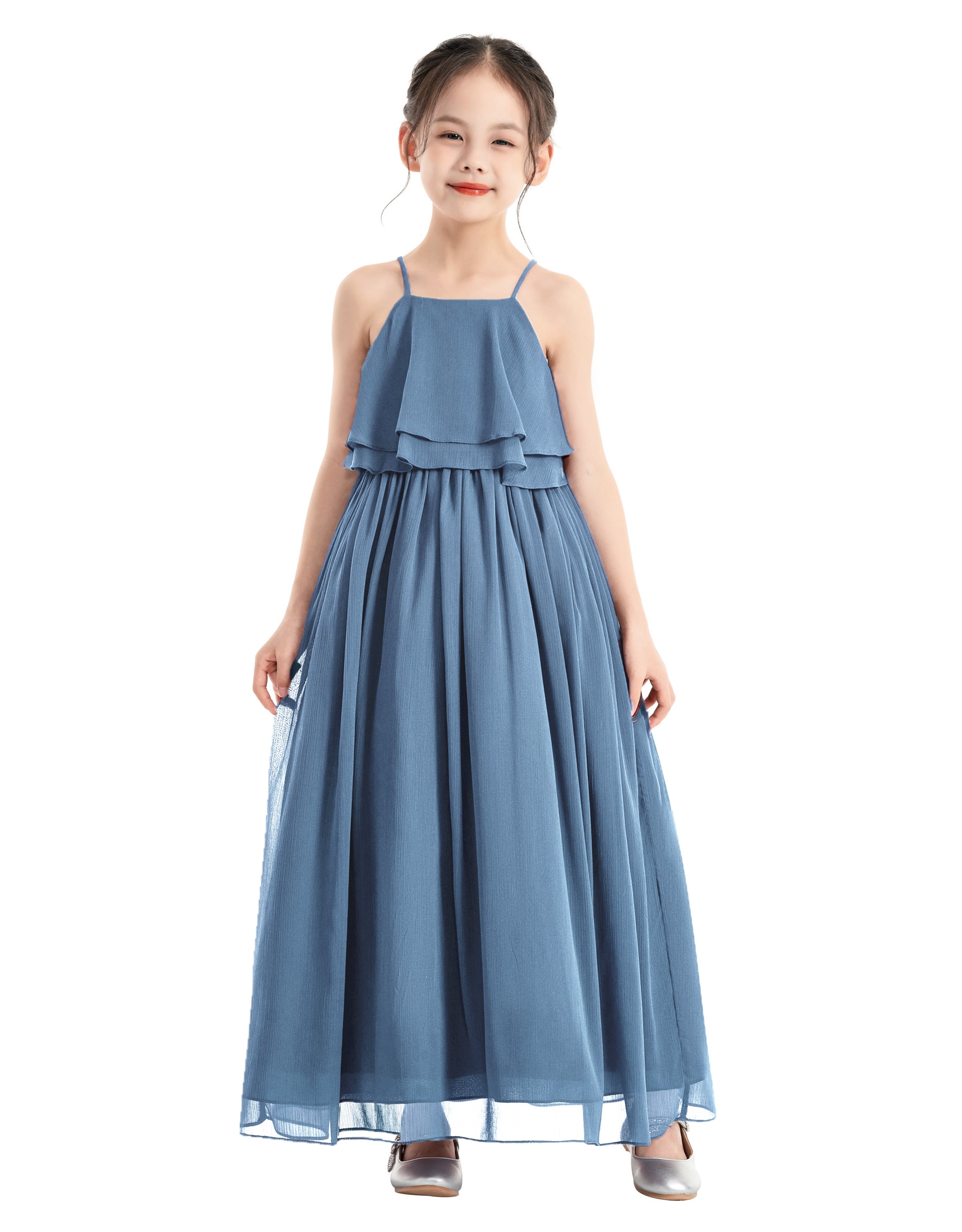 Steel Blue A-Line Ruffle Chiffon Dress Chiffon Flower Girl Dress 192