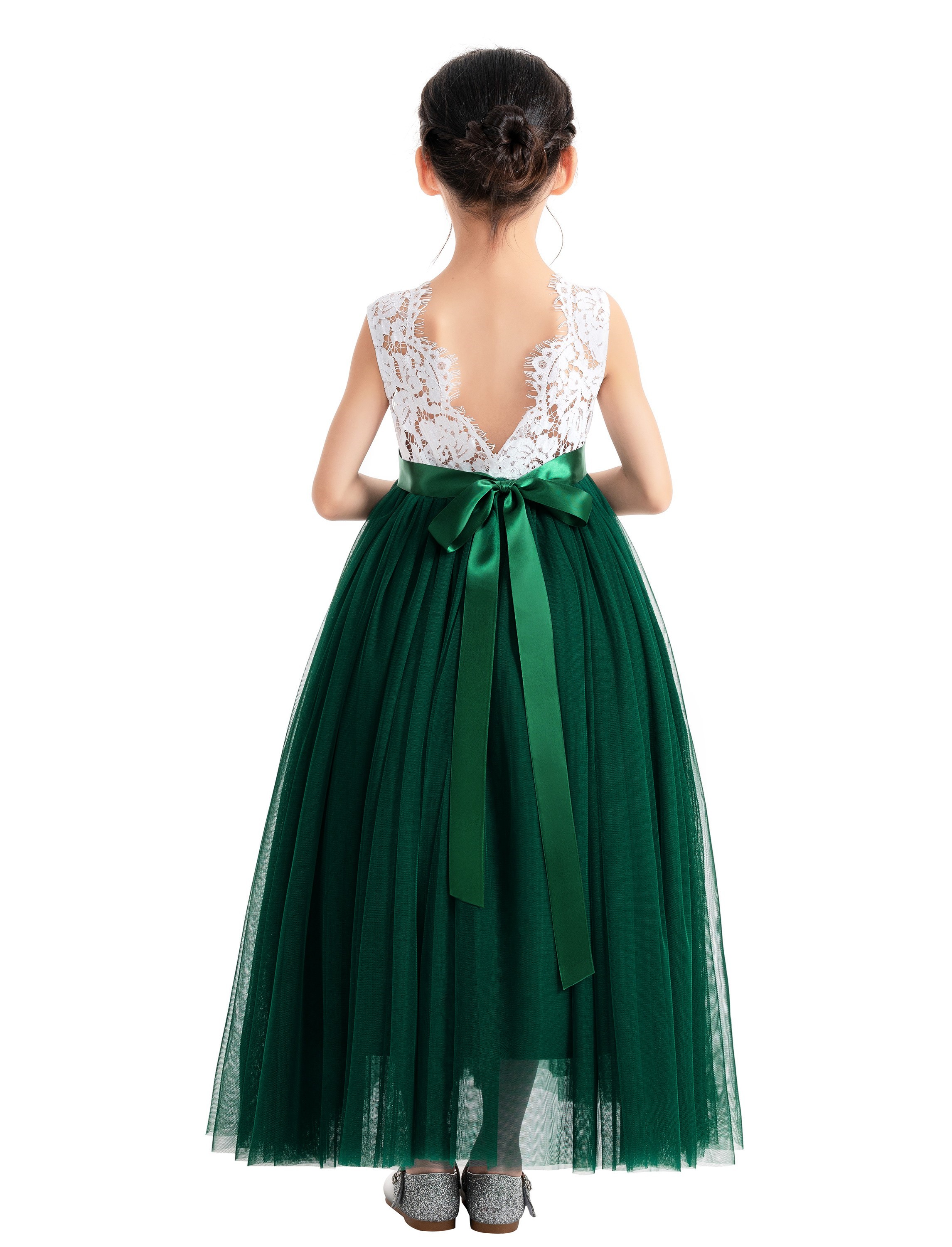 Forest Green Scalloped V-Back Lace A-Line Flower Girl Dress 207R