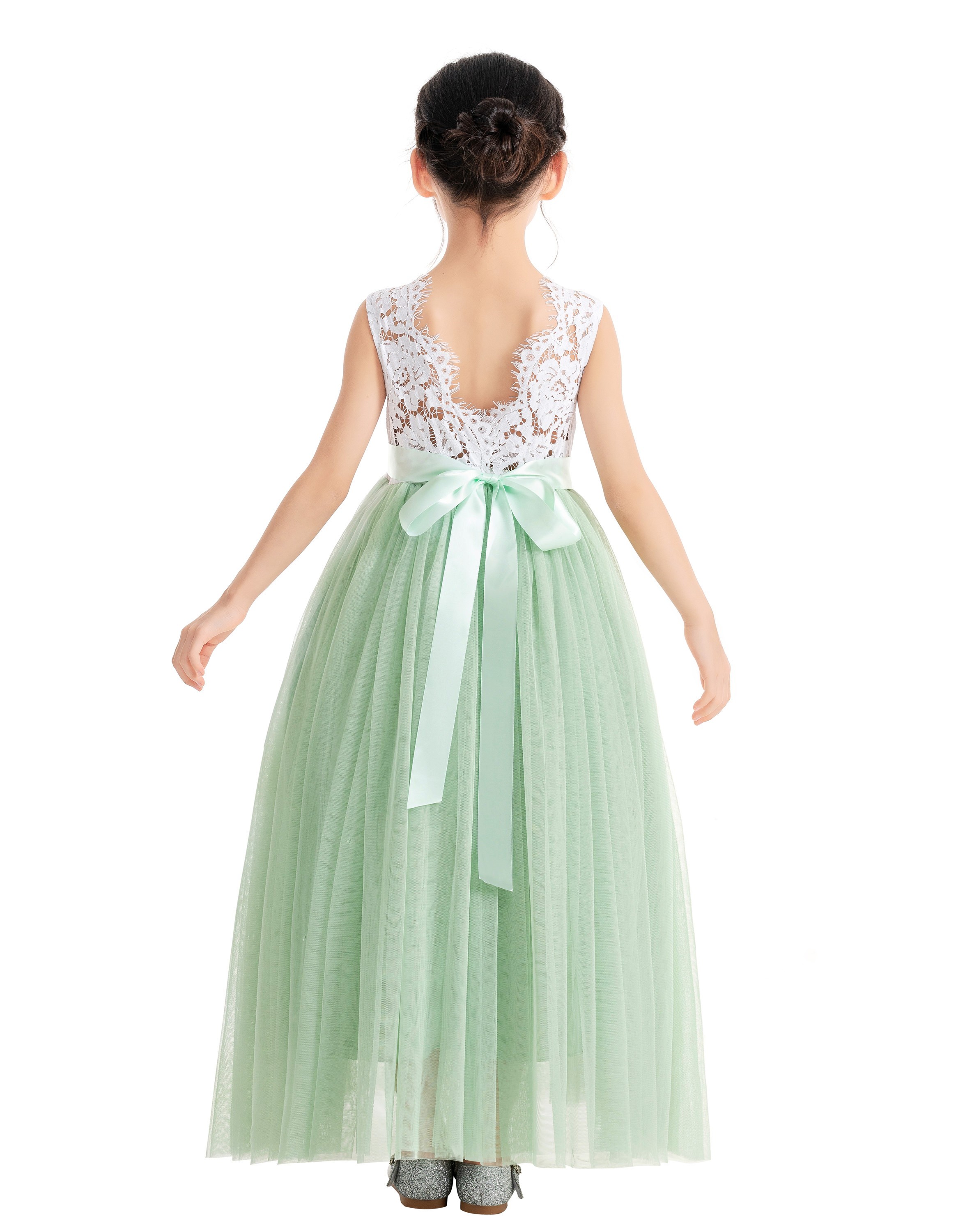 Sage Green Scalloped V-Back Lace A-Line Flower Girl Dress 207R