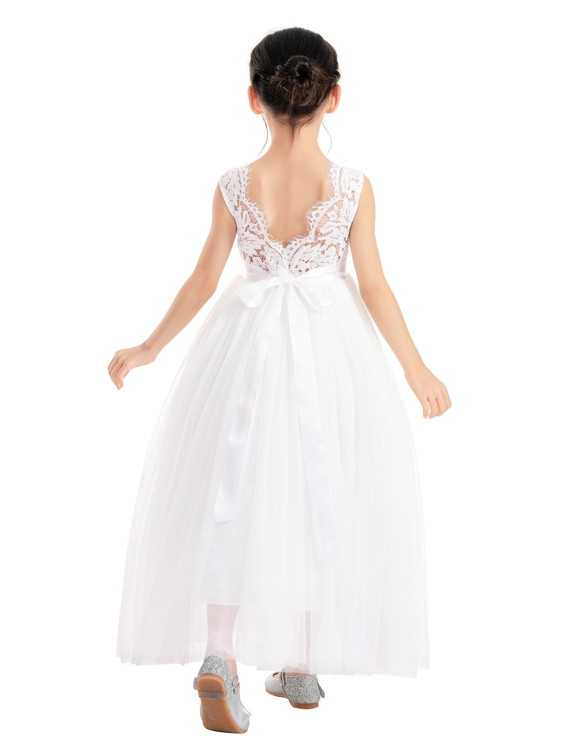 White Scalloped V-Back Lace A-Line Flower Girl Dress 207R