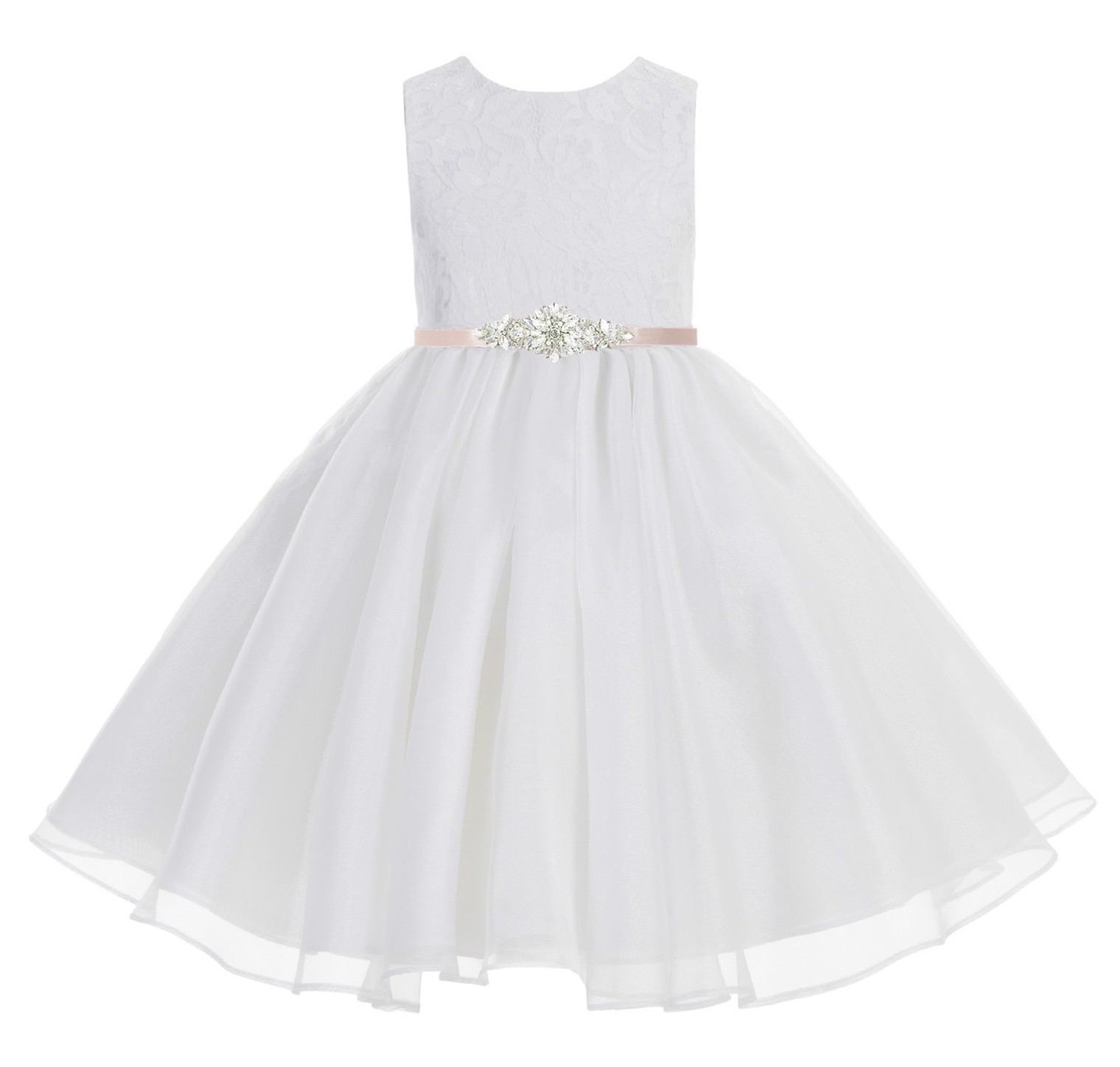 White / Blush Pink Lace Organza Flower Girl Dress 186