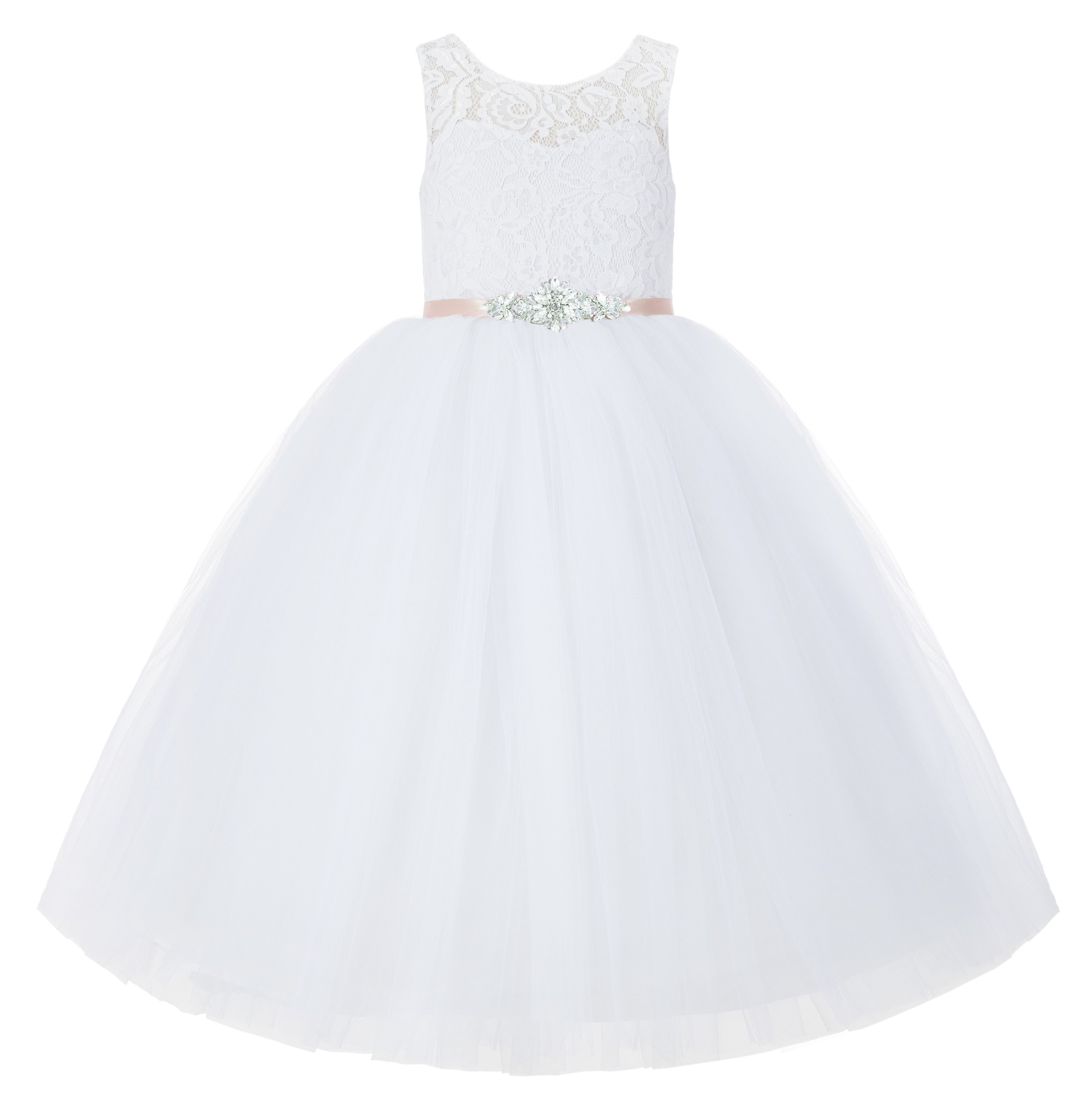 White / Blush Pink V-Back Lace Flower Girl Dress Lace Tutu Dress 212R5thin