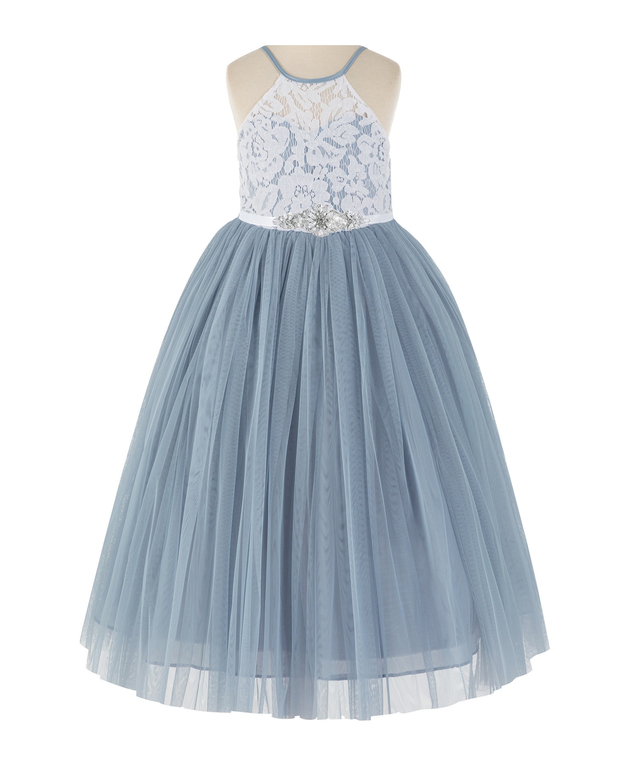 Dusty Blue / White Lace Halter Flower Girl Dress Lace Back Dress 213