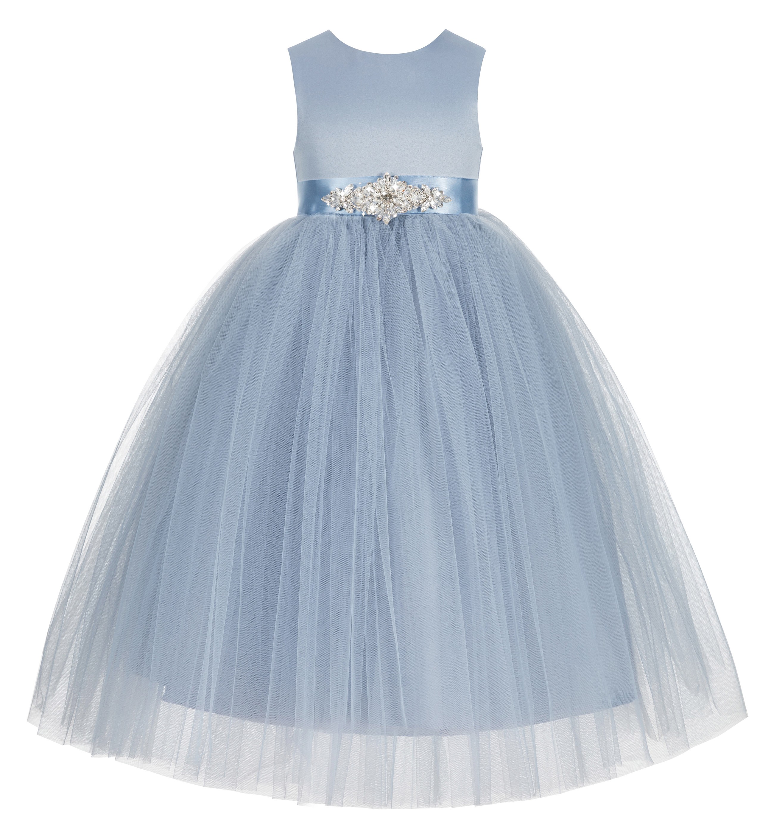 Dusty Blue V-Back Satin Flower Girl Dress 219R5