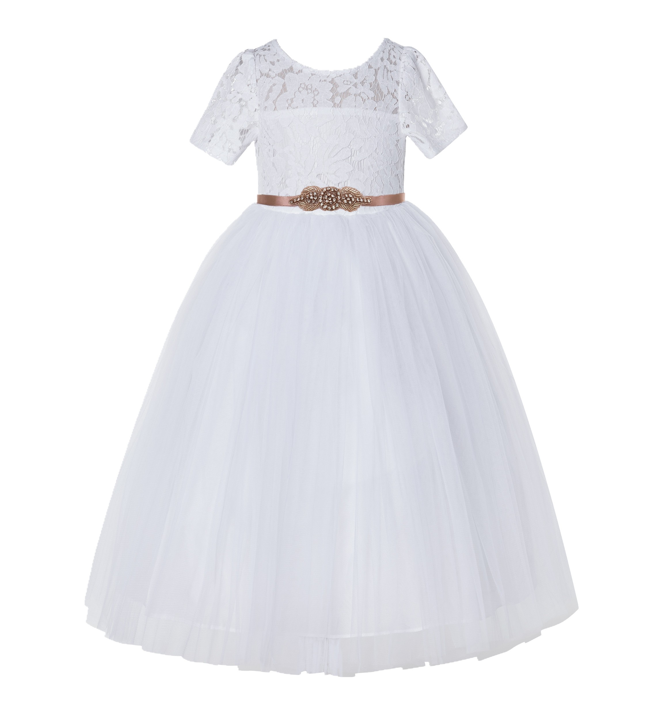 White / Rose Gold Floral Lace Flower Girl Dress Pageant Dress LG2