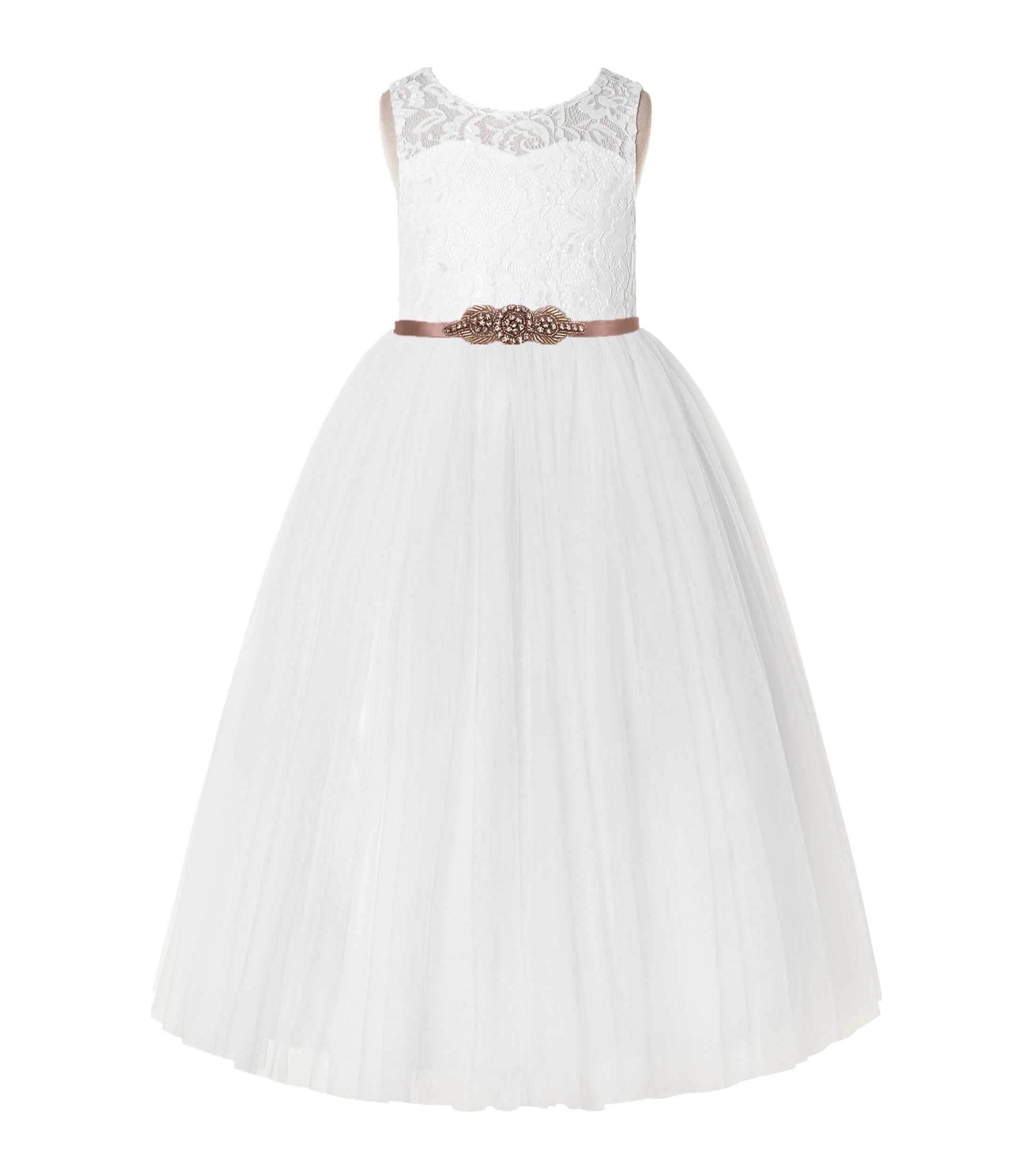 Ivory / Rose Gold Tulle A-Line Lace Flower Girl Dress 178R1
