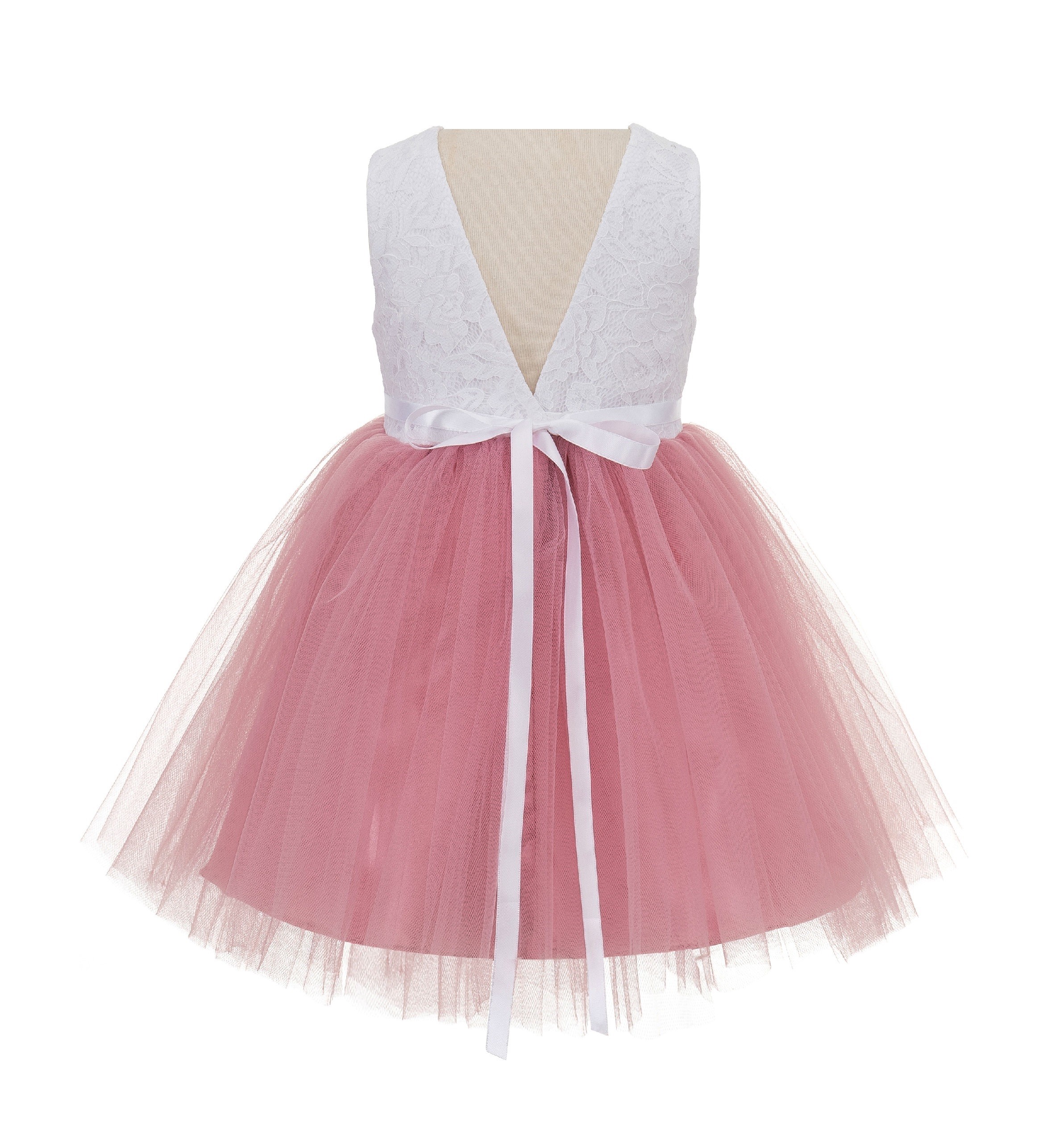 Dusty Rose / White Backless Lace Flower Girl Dress V-Back 206R2
