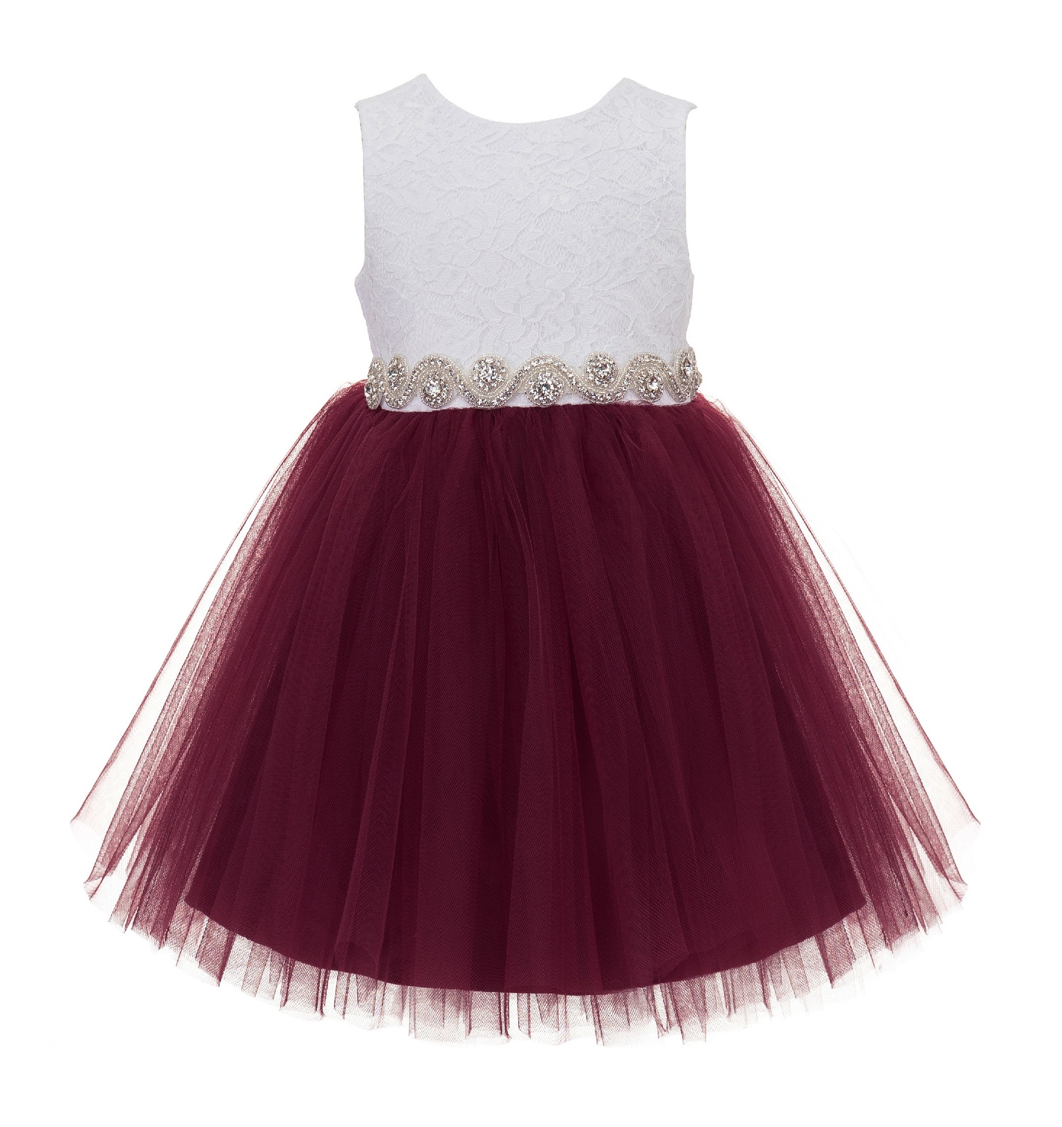 Burgundy / White Backless Lace Flower Girl Dress V-Back 206R2