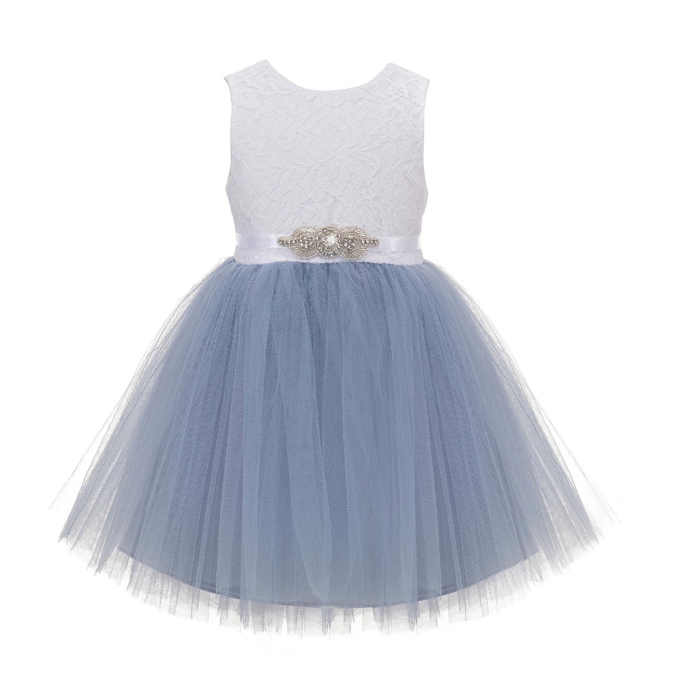 Dusty Blue/ White Backless Lace Flower Girl Dress Rhinestone 206R3