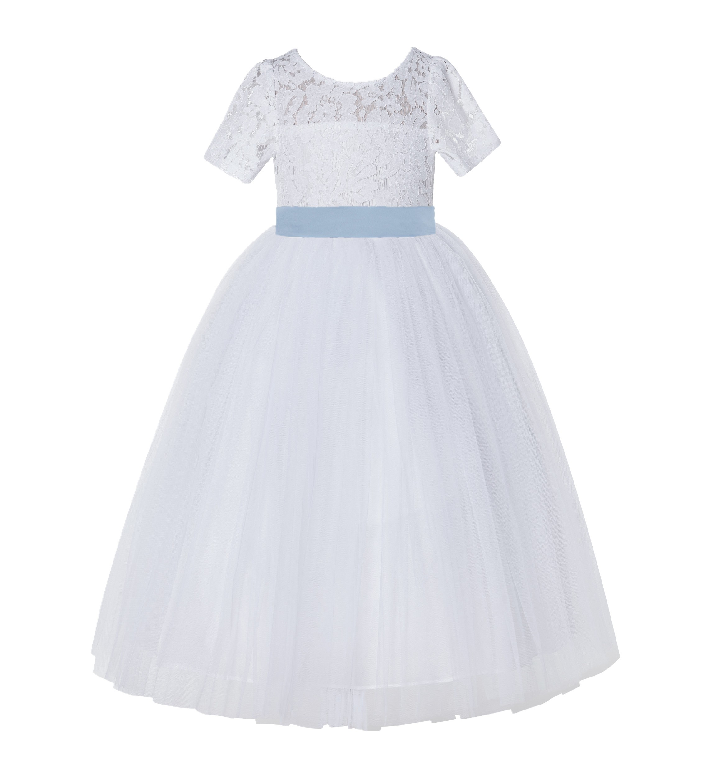 White / Dusty Blue Floral Lace Flower Girl Dress with Sleeves LG2