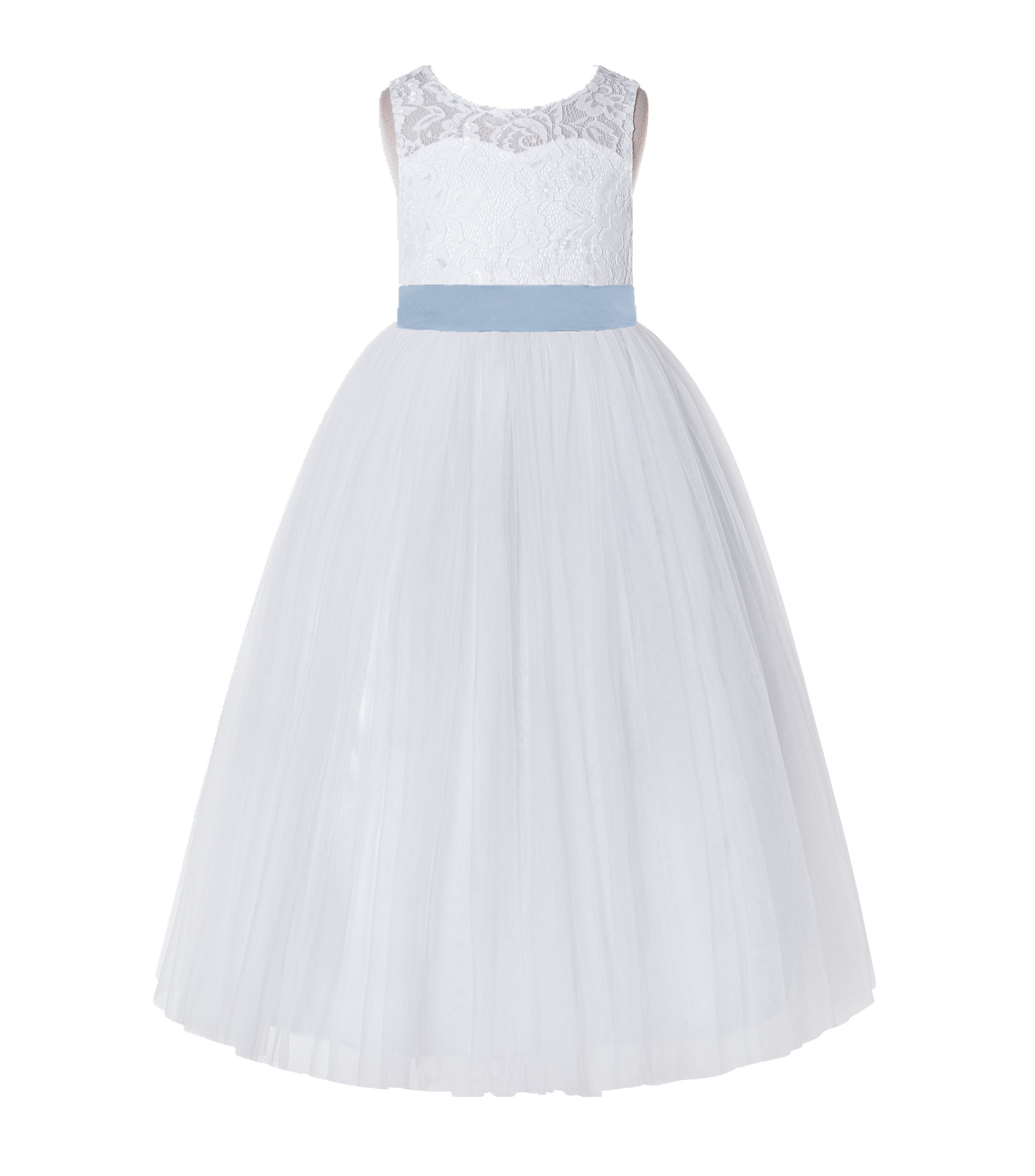 White / Dusty Blue Tulle A-Line Lace Flower Girl Dress 178
