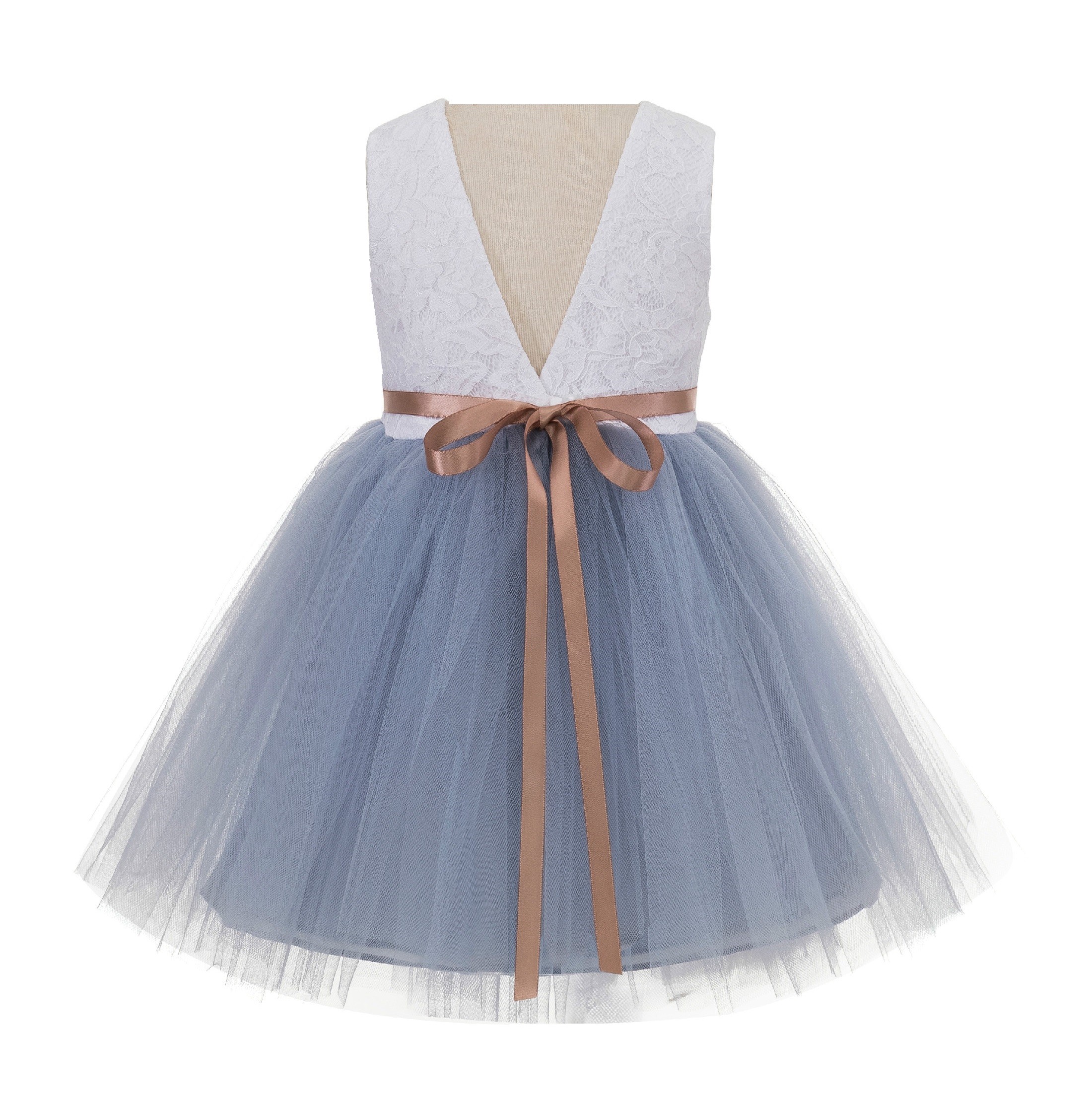 Dusty Blue / Rose Gold Backless Lace Flower Girl Dress V-Back 206R1