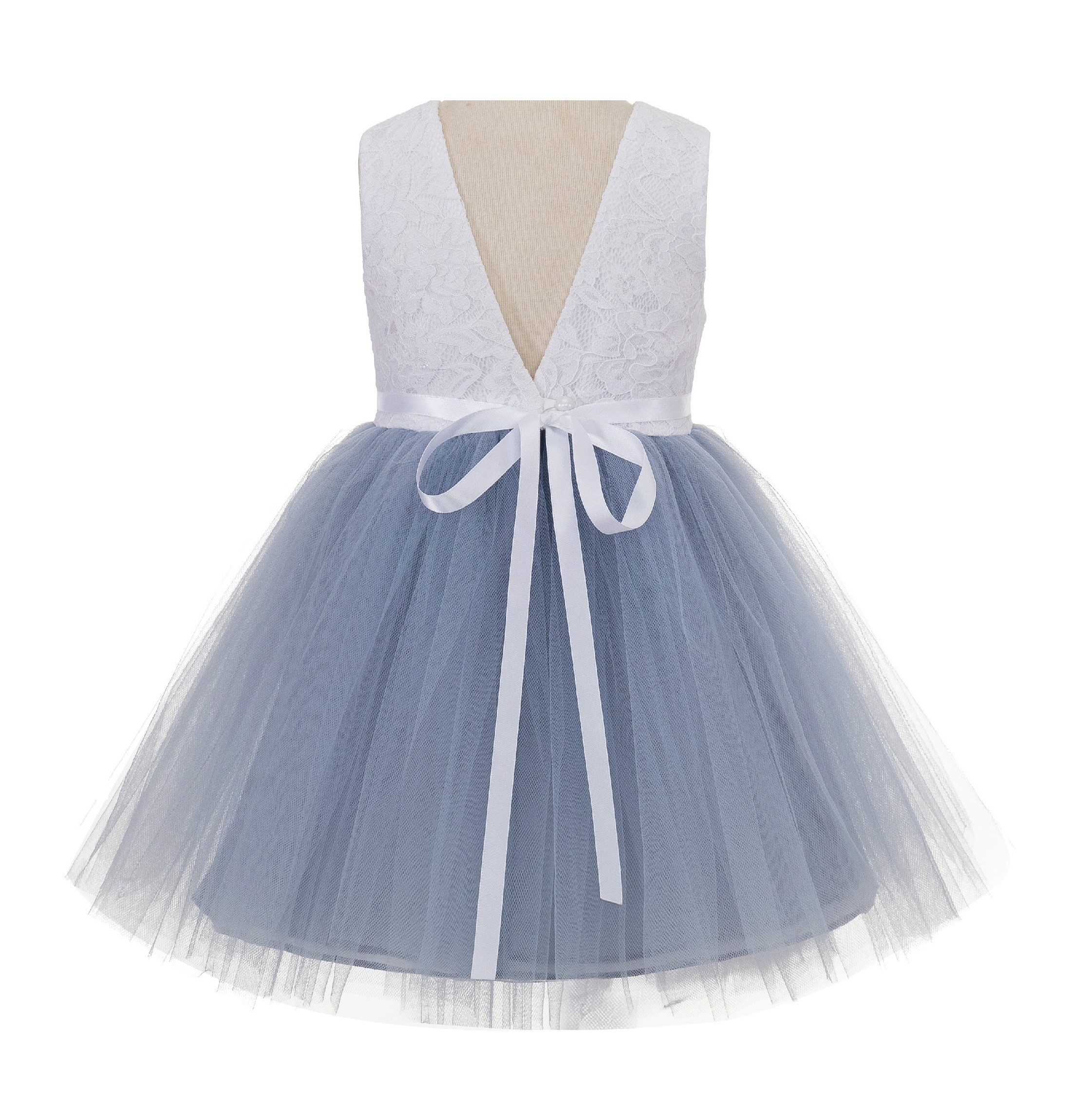Dusty Blue / White Backless Lace Flower Girl Dress V-Back 206R2