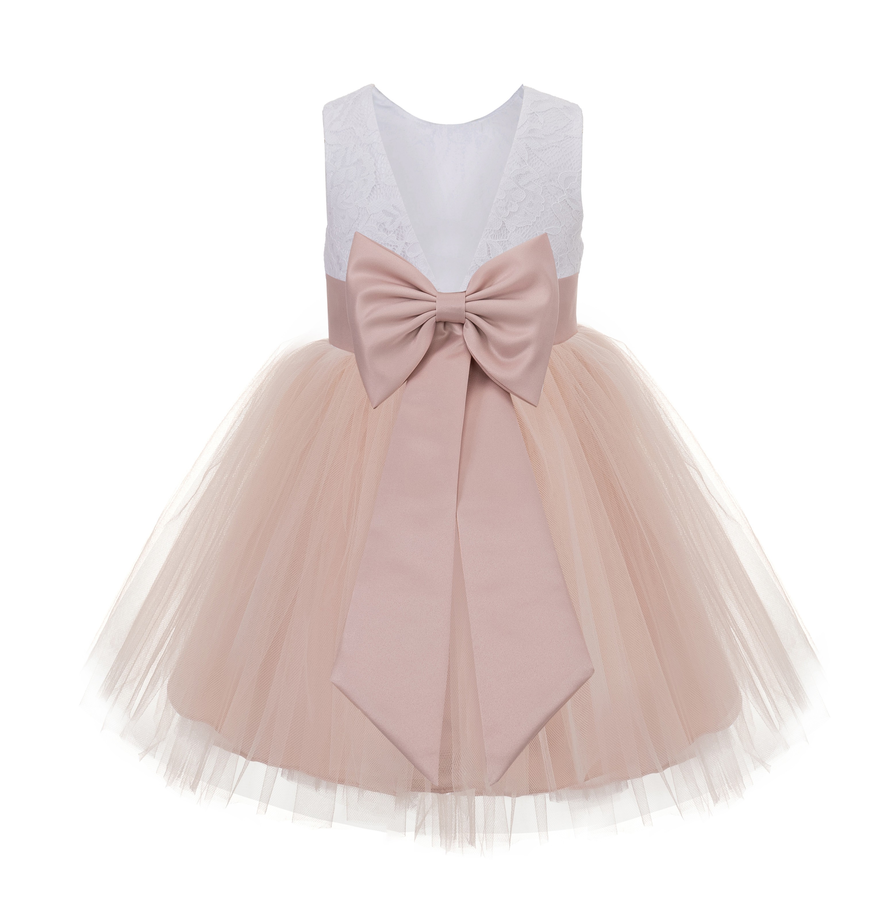 Blush Pink Backless Lace Flower Girl Dress V-Back 206T