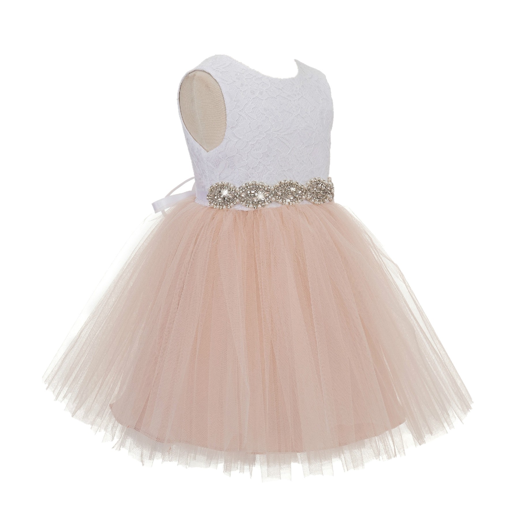 Blush Pink / White Backless Lace Flower Girl Dress Rhinestone 206R4