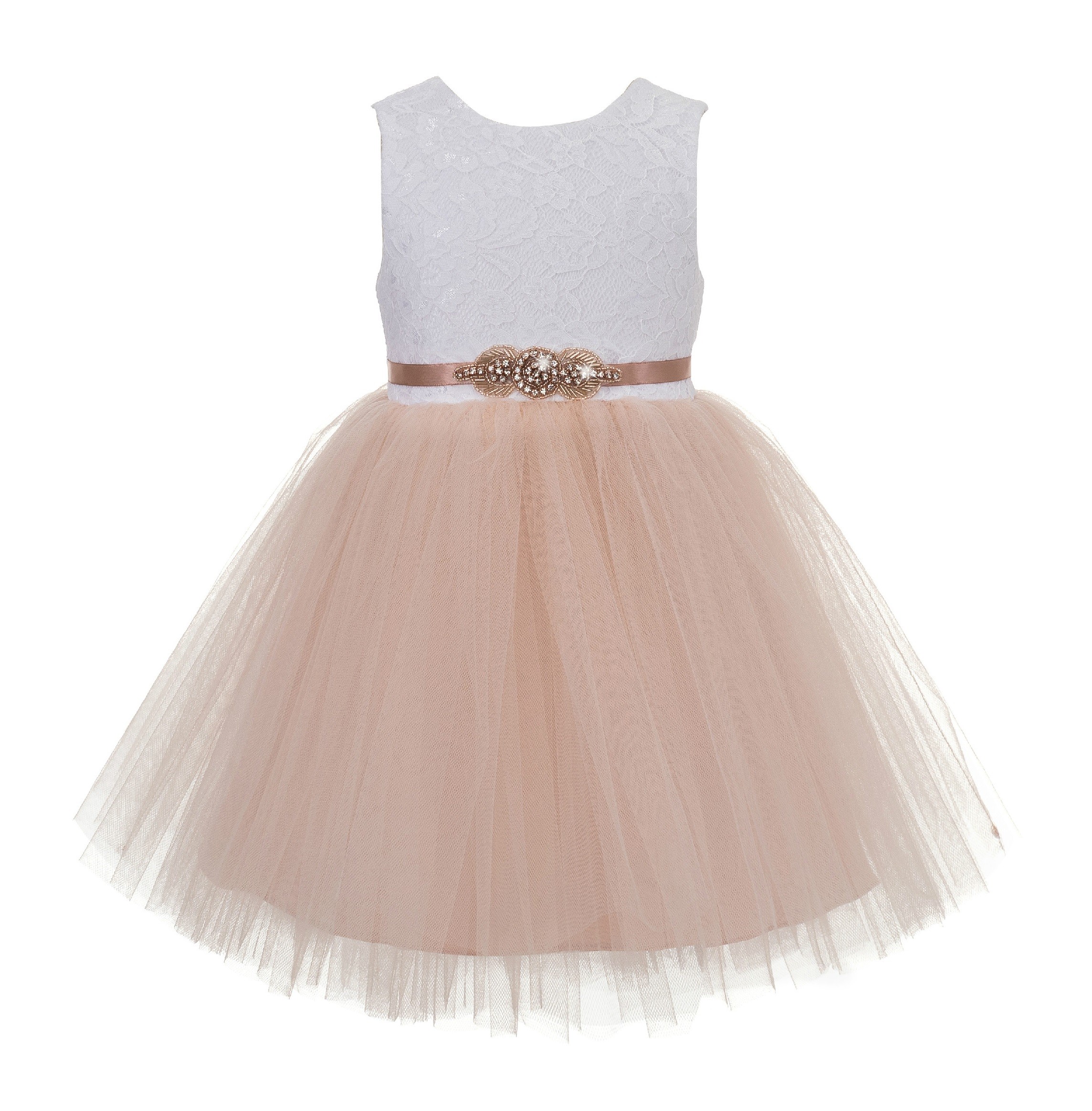 Blush Pink / Rose Gold Backless Lace Flower Girl Dress V-Back 206R1