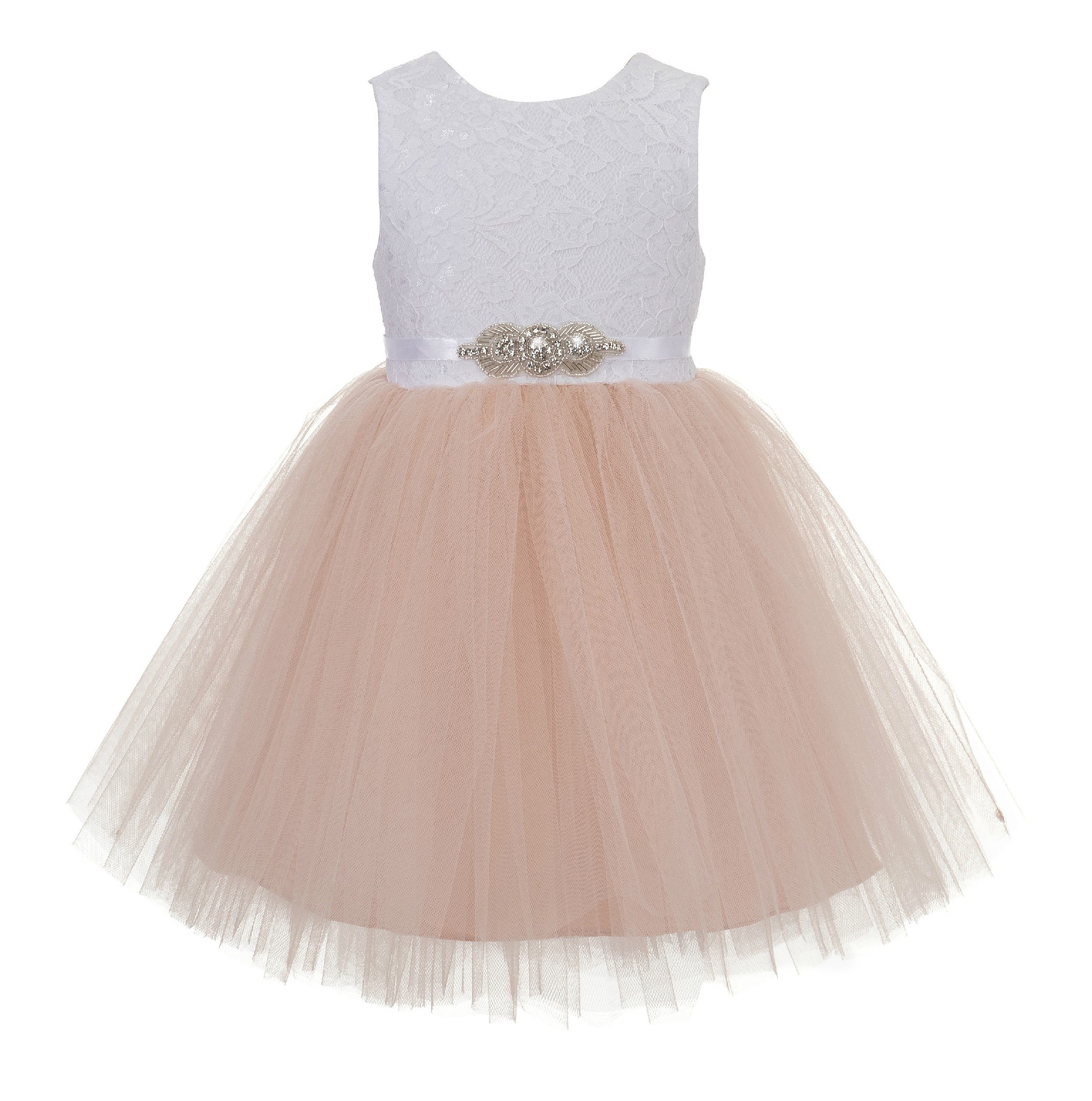 Blush Pink / White Backless Lace Flower Girl Dress Rhinestone 206R3