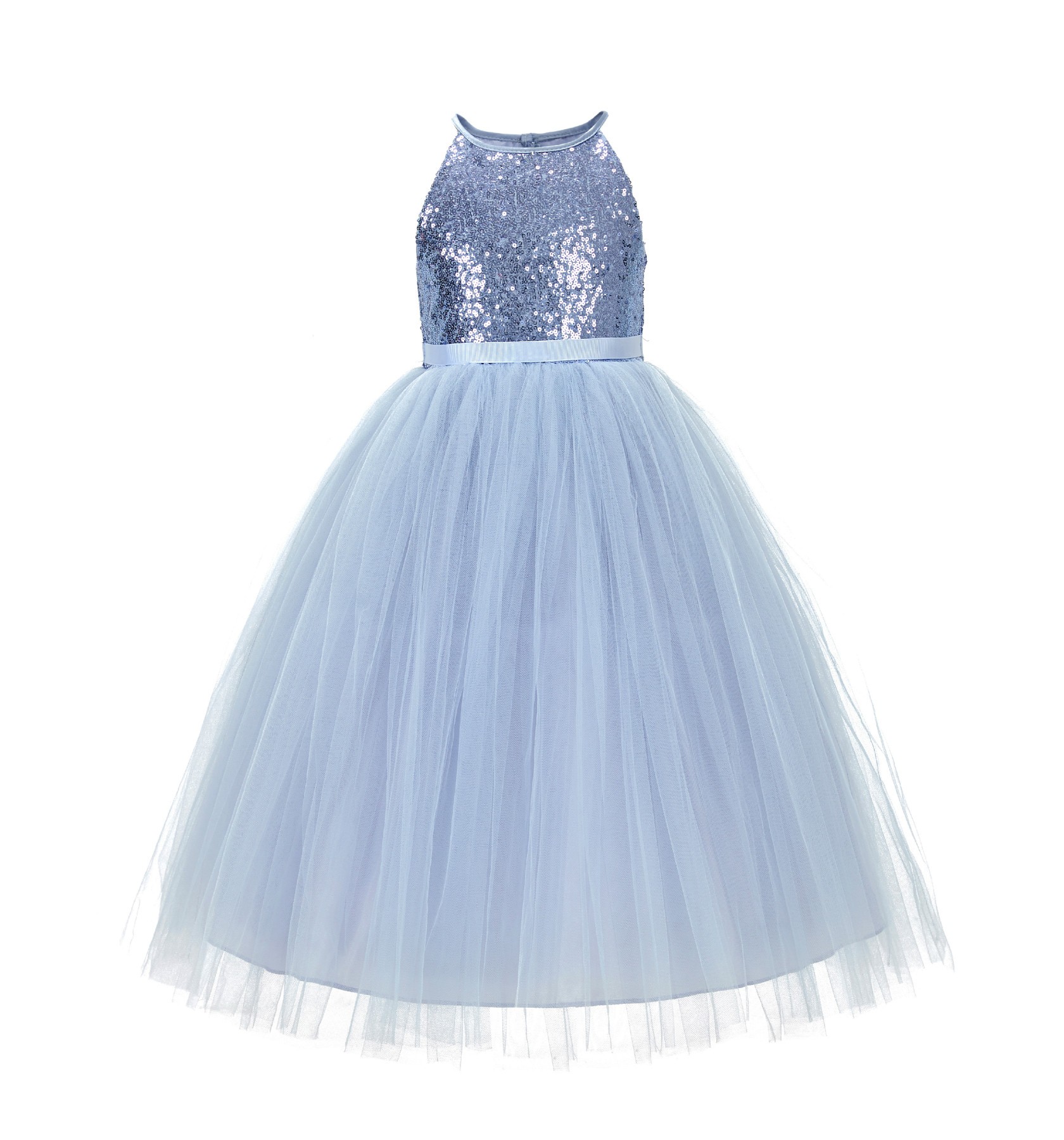 Dusty Blue Sequin Halter Flower Girl Dress 202