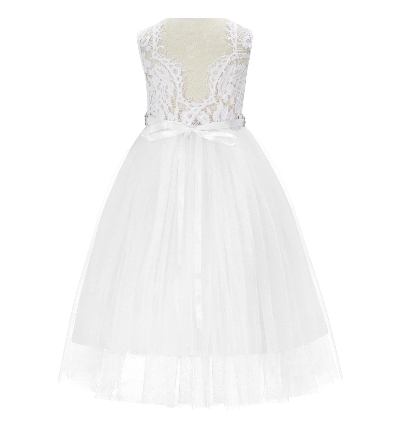 White Scalloped V-Back Lace A-Line Flower Girl Dress 207R2
