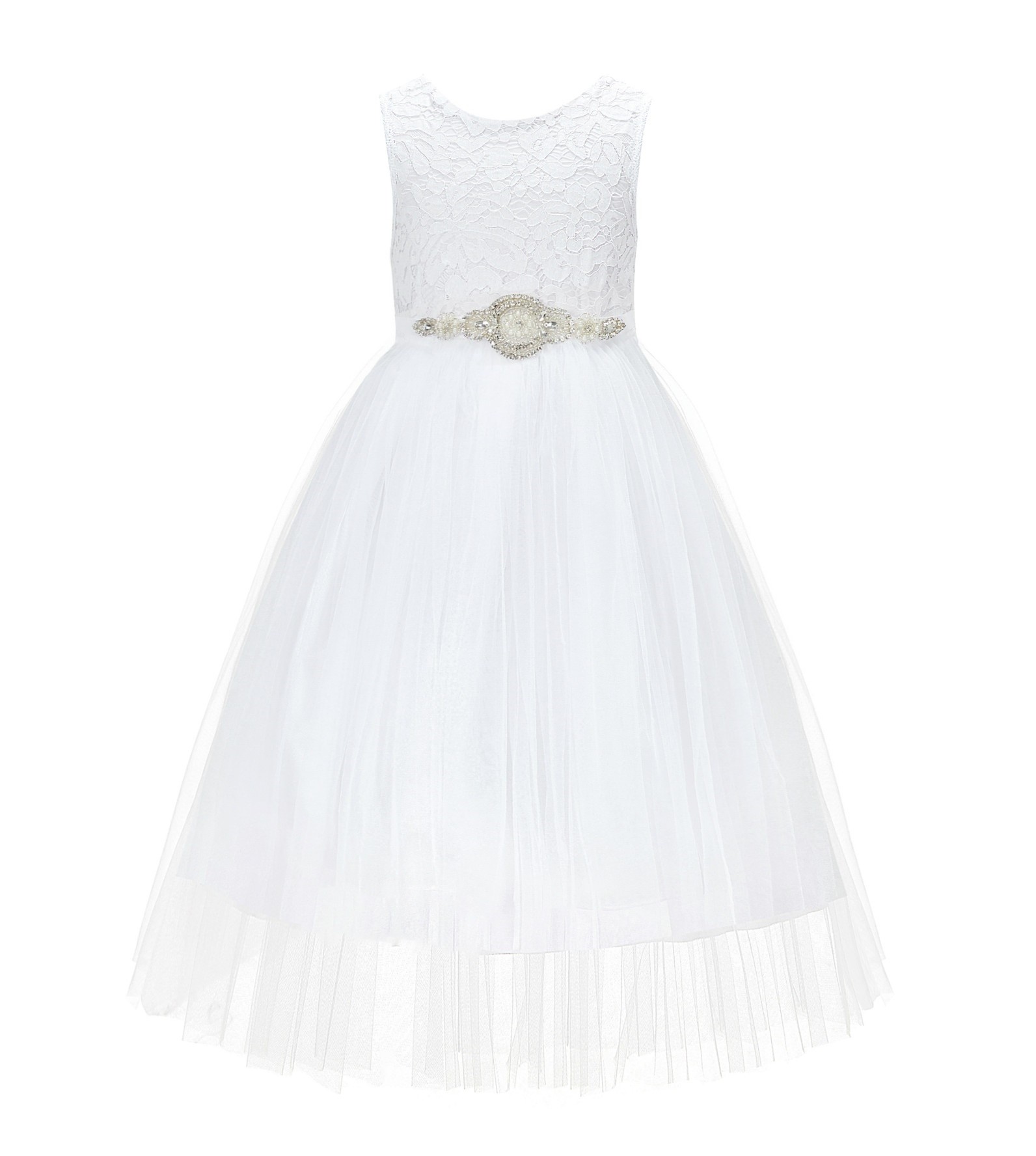 White Scalloped V-Back Lace A-Line Flower Girl Dress 207R7