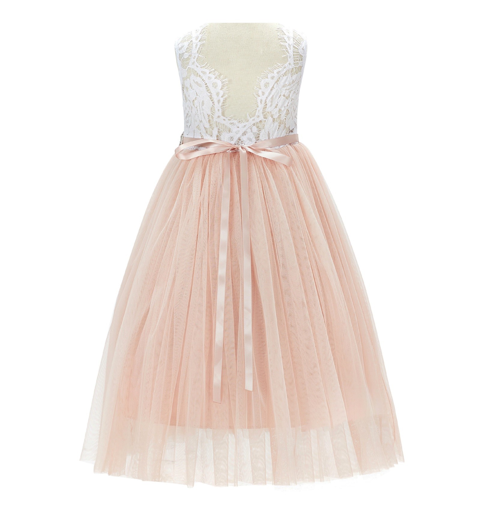 Blush Pink Scalloped V-Back Lace A-Line Flower Girl Dress 207R2