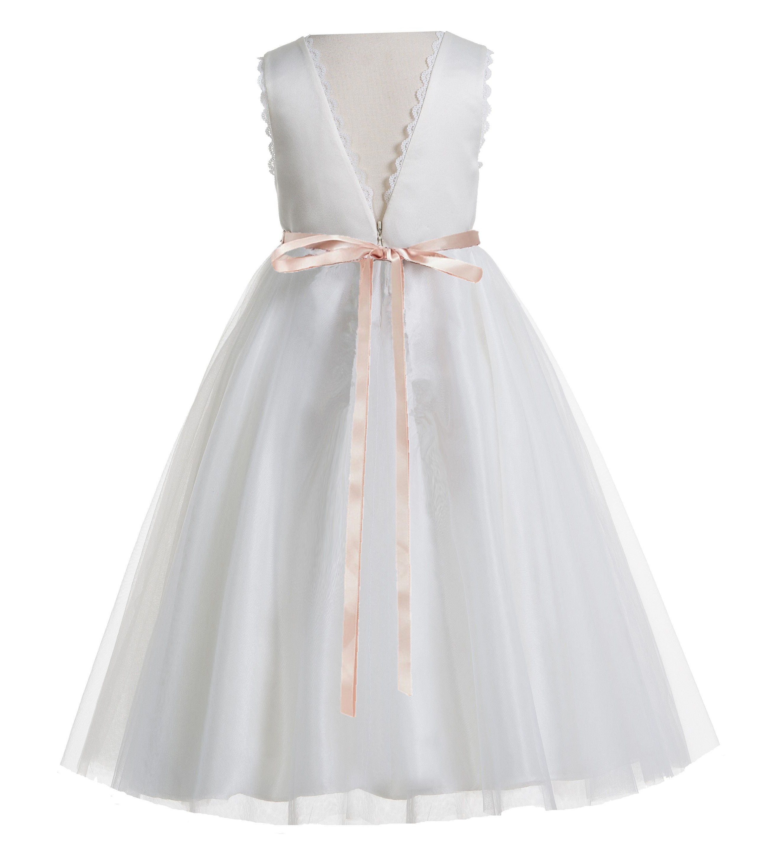 Ivory / Blush Pink V-Back Lace Edge Flower Girl Dress 183
