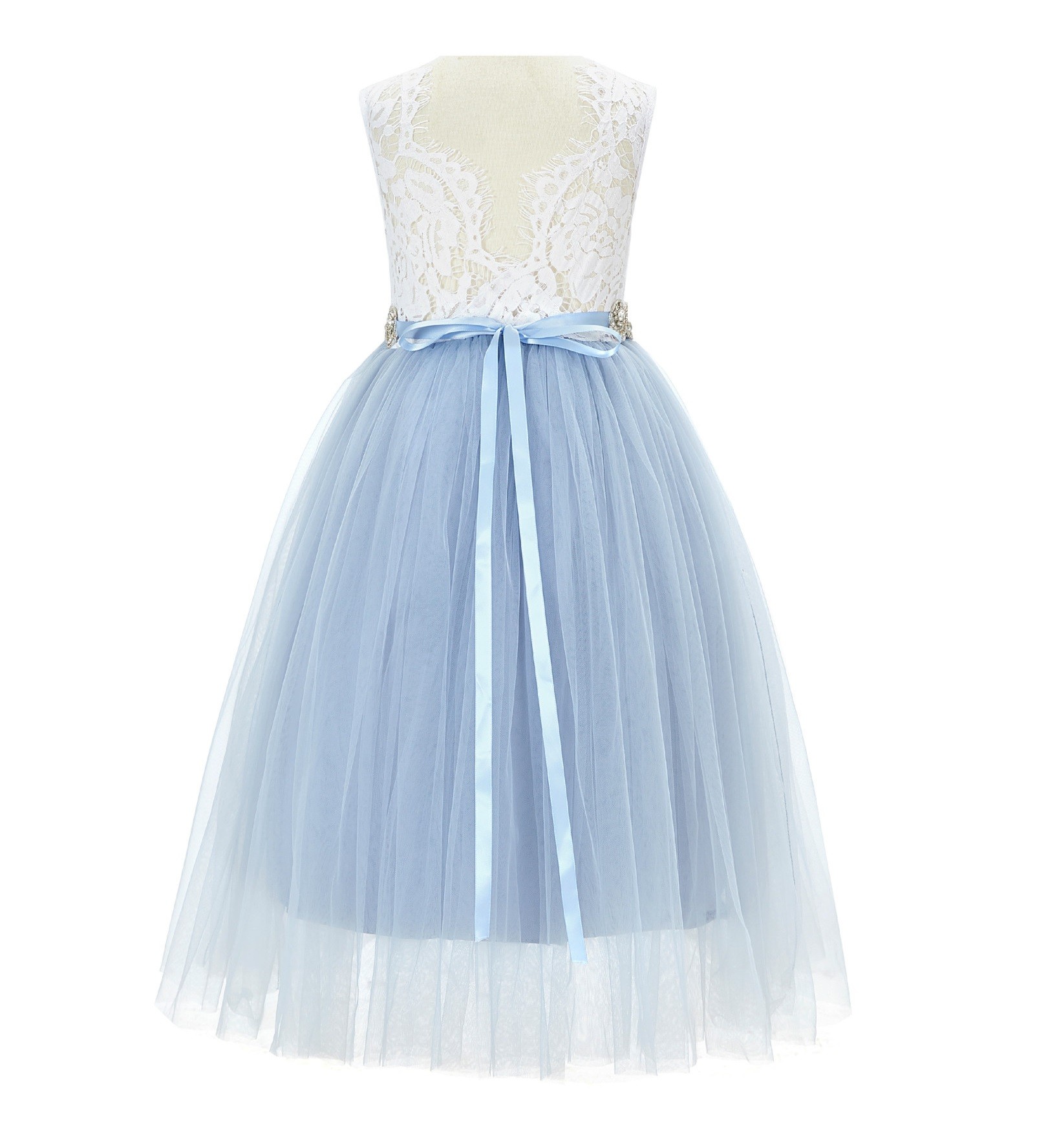 Dusty Blue Scalloped V-Back Lace A-Line Flower Girl Dress 207R2