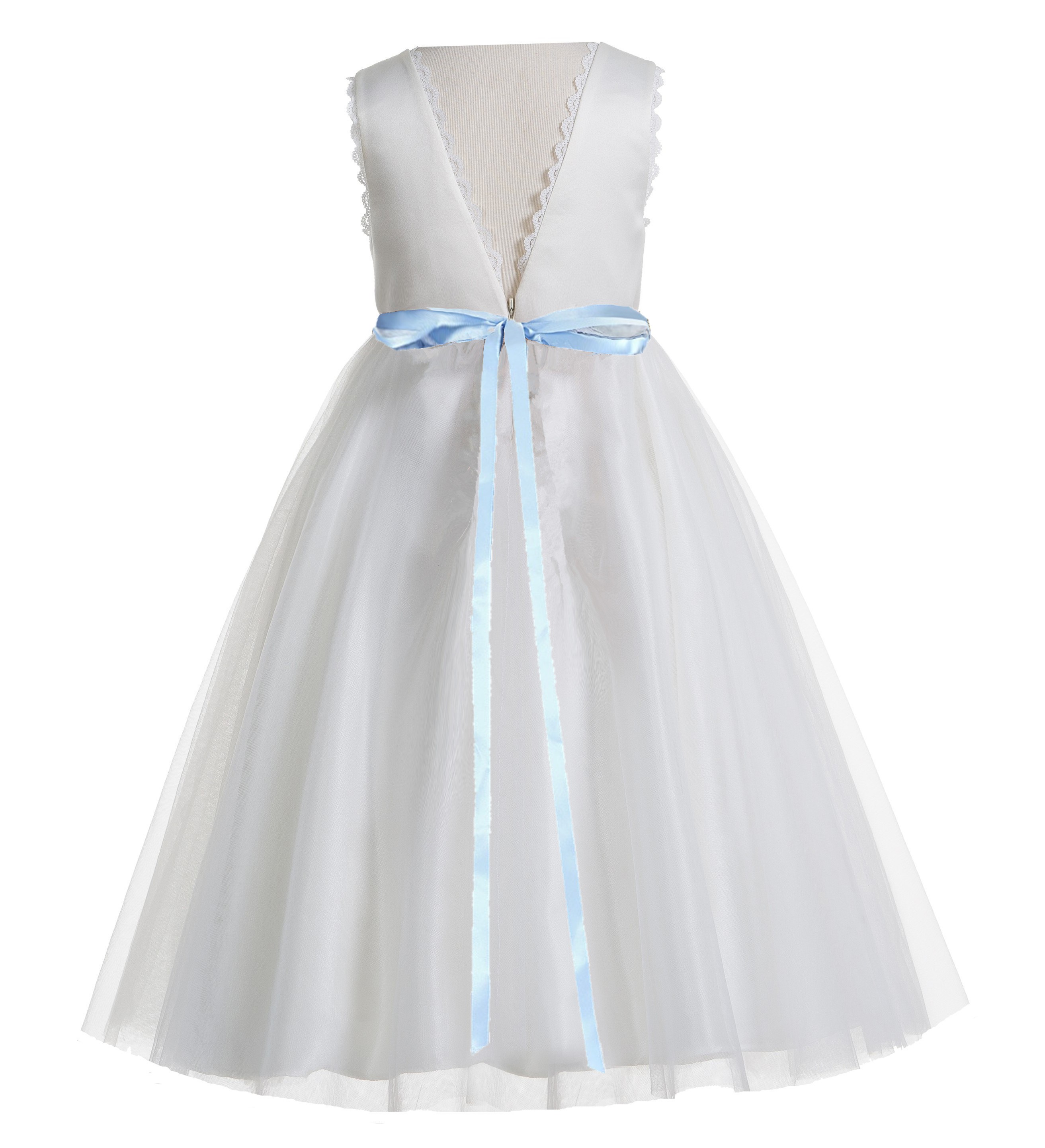 Ivory / Dusty Blue V-Back Lace Edge Flower Girl Dress 183