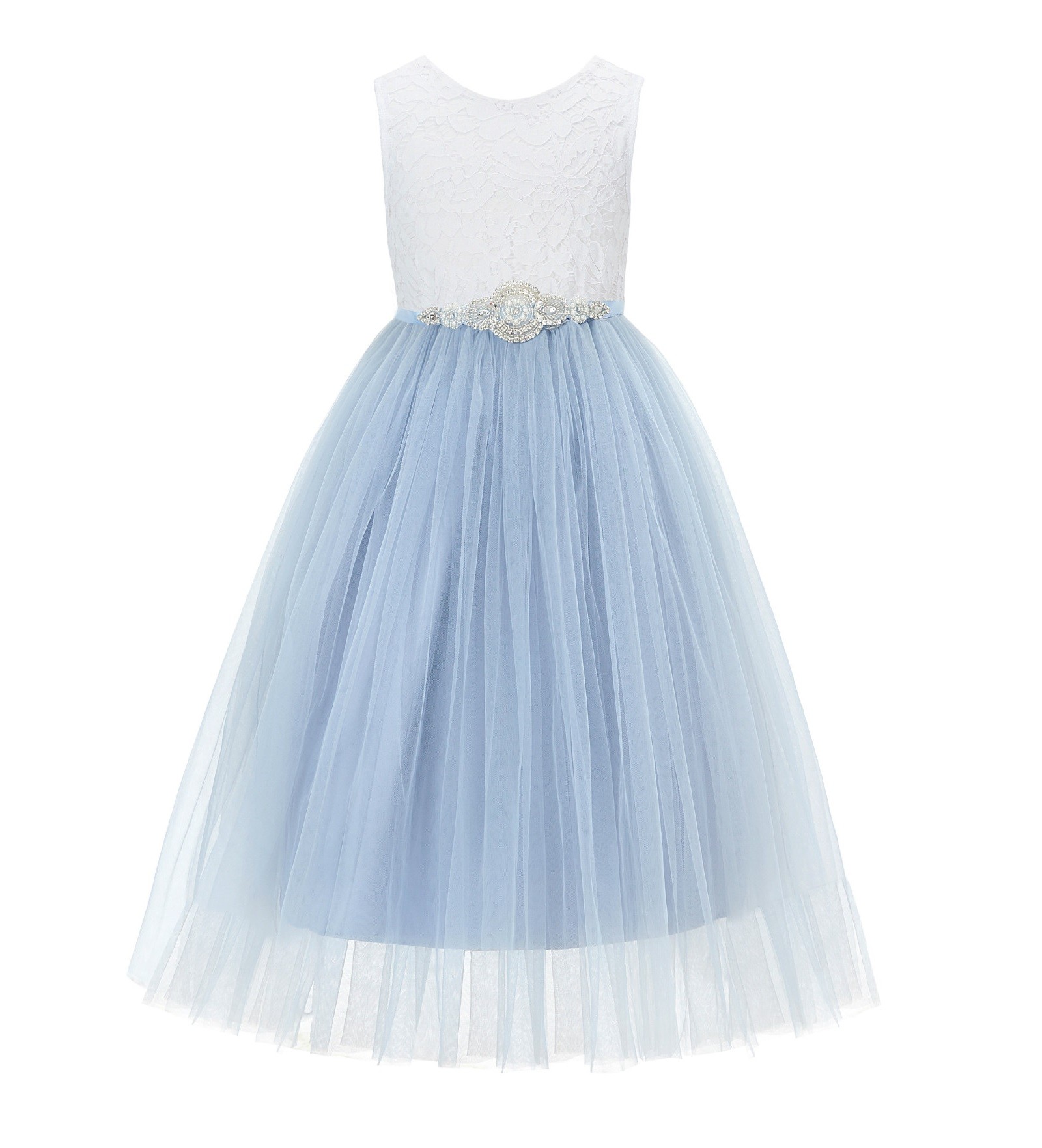 Dusty Blue Scalloped V-Back Lace A-Line Flower Girl Dress 207R7