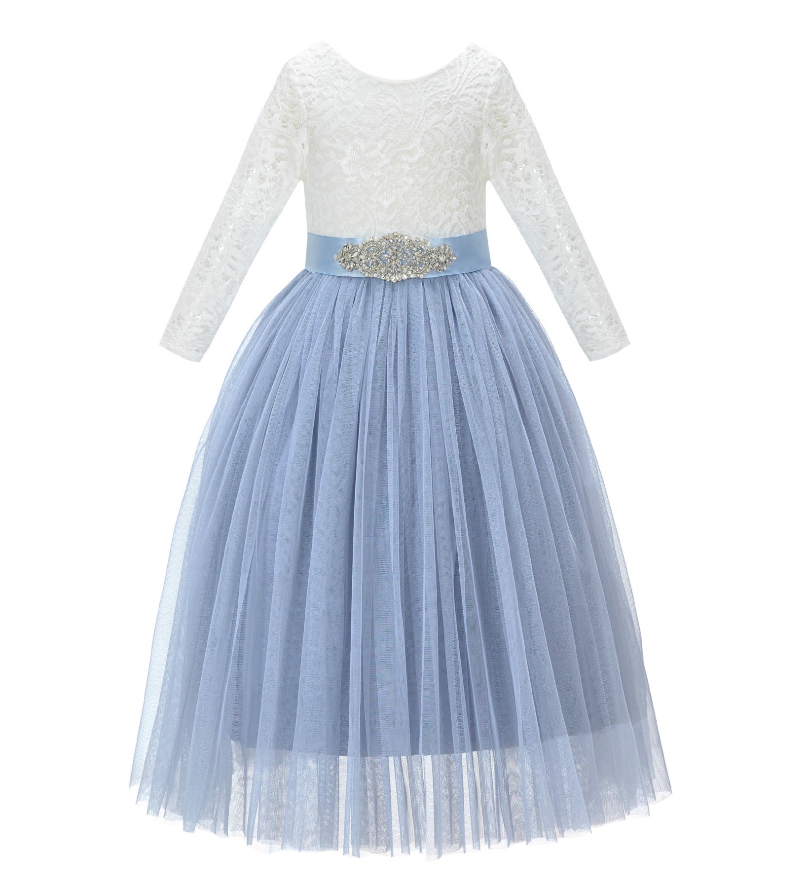 Dusty Blue A-Line V-Back Lace Flower Girl Dress with Sleeves 290R3