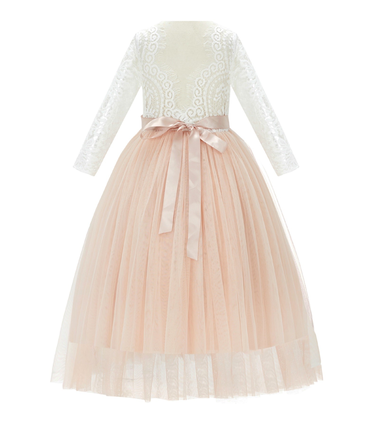 Blush Pink A-Line V-Back Lace Flower Girl Dress with Sleeves 290R3