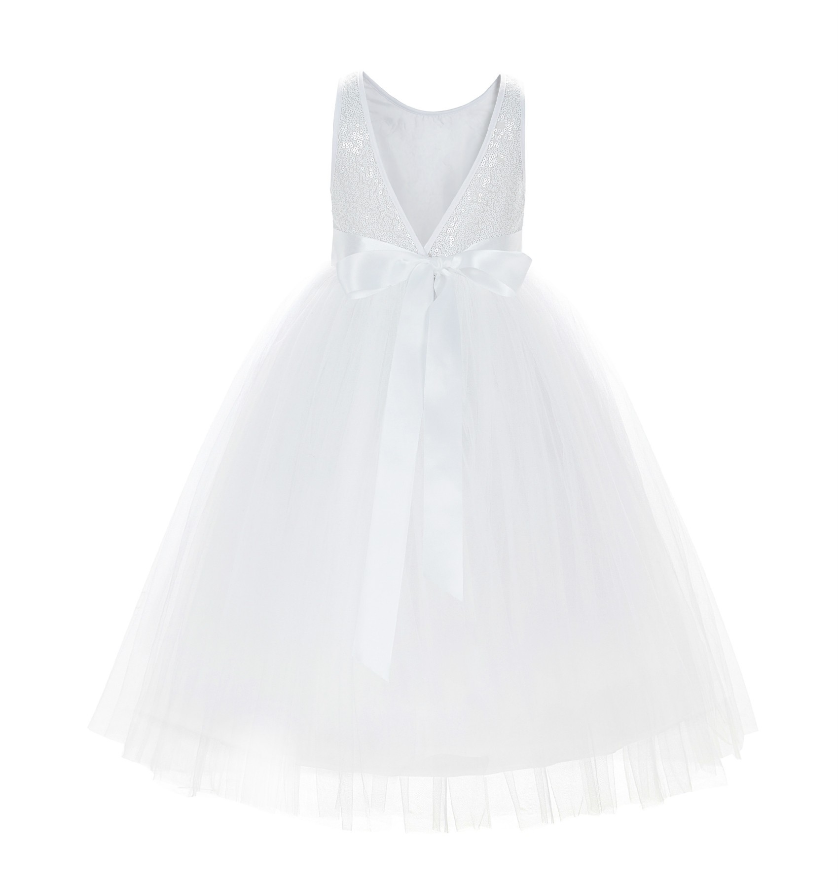 White Sequin V-Back Flower Girl Dress LG1