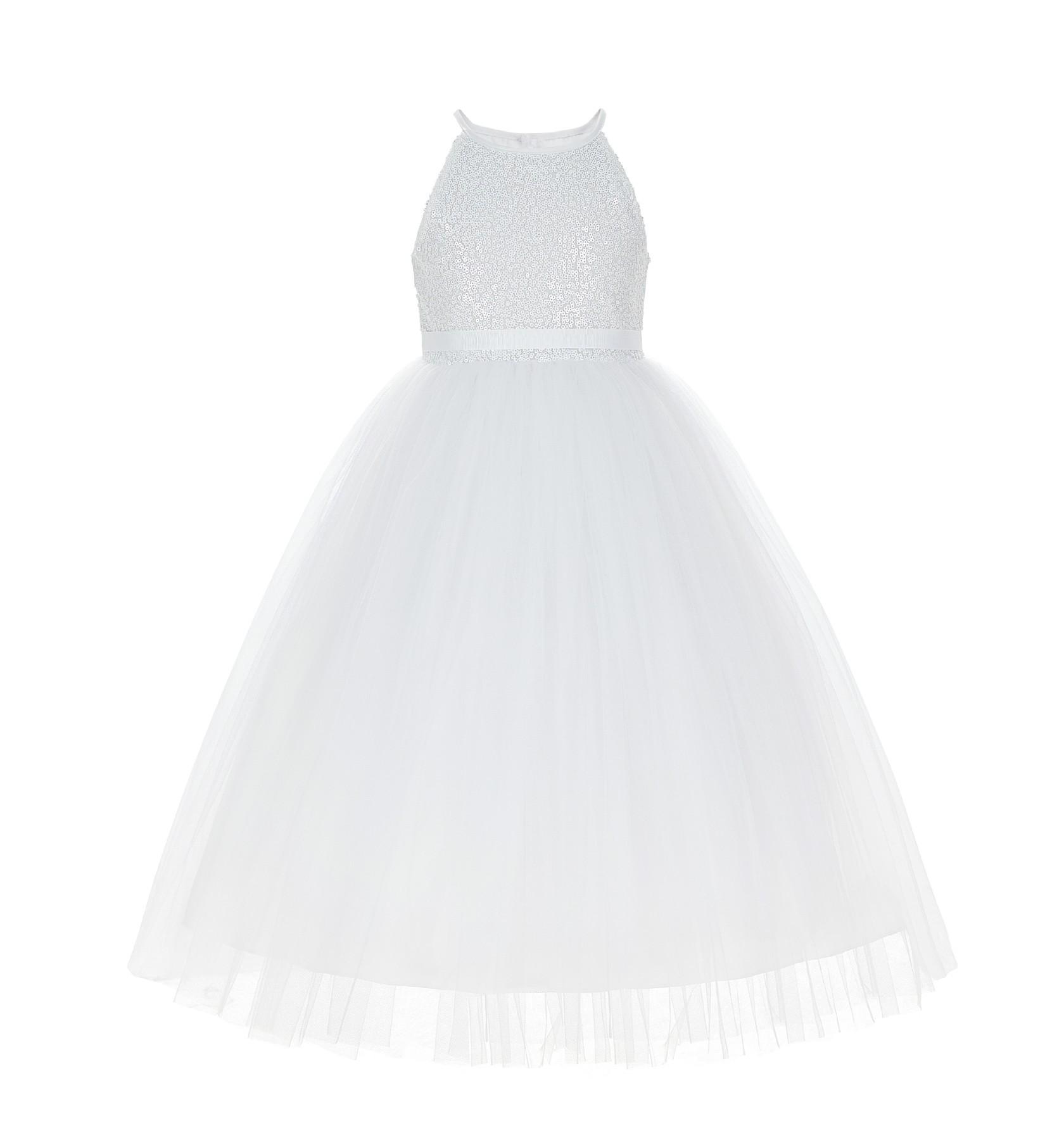 White Sequin Halter Flower Girl Dress 202