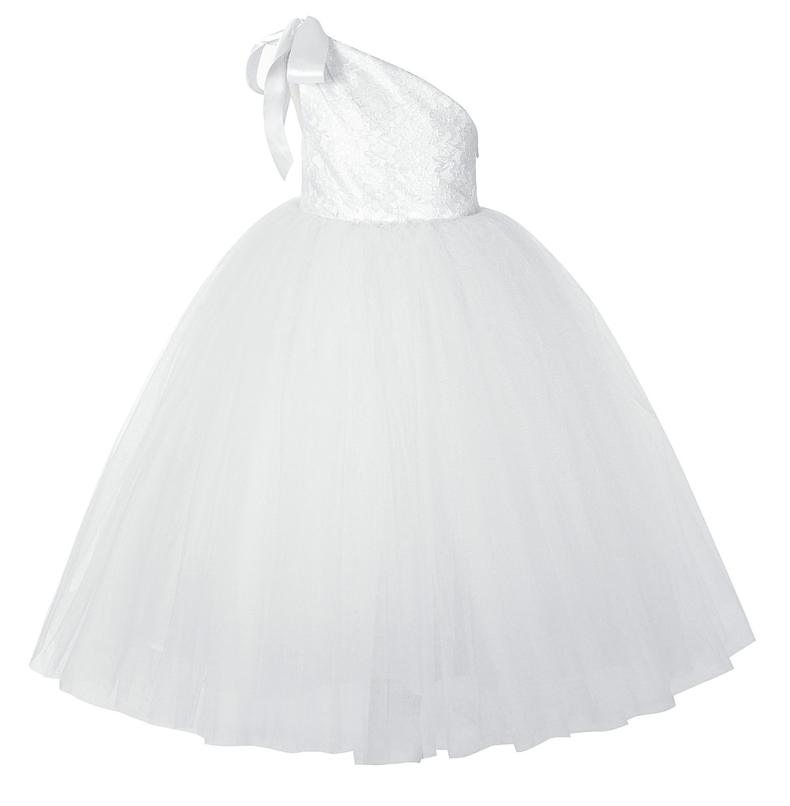 White One-Shoulder Lace Tutu Flower Girl Dress 182Lace